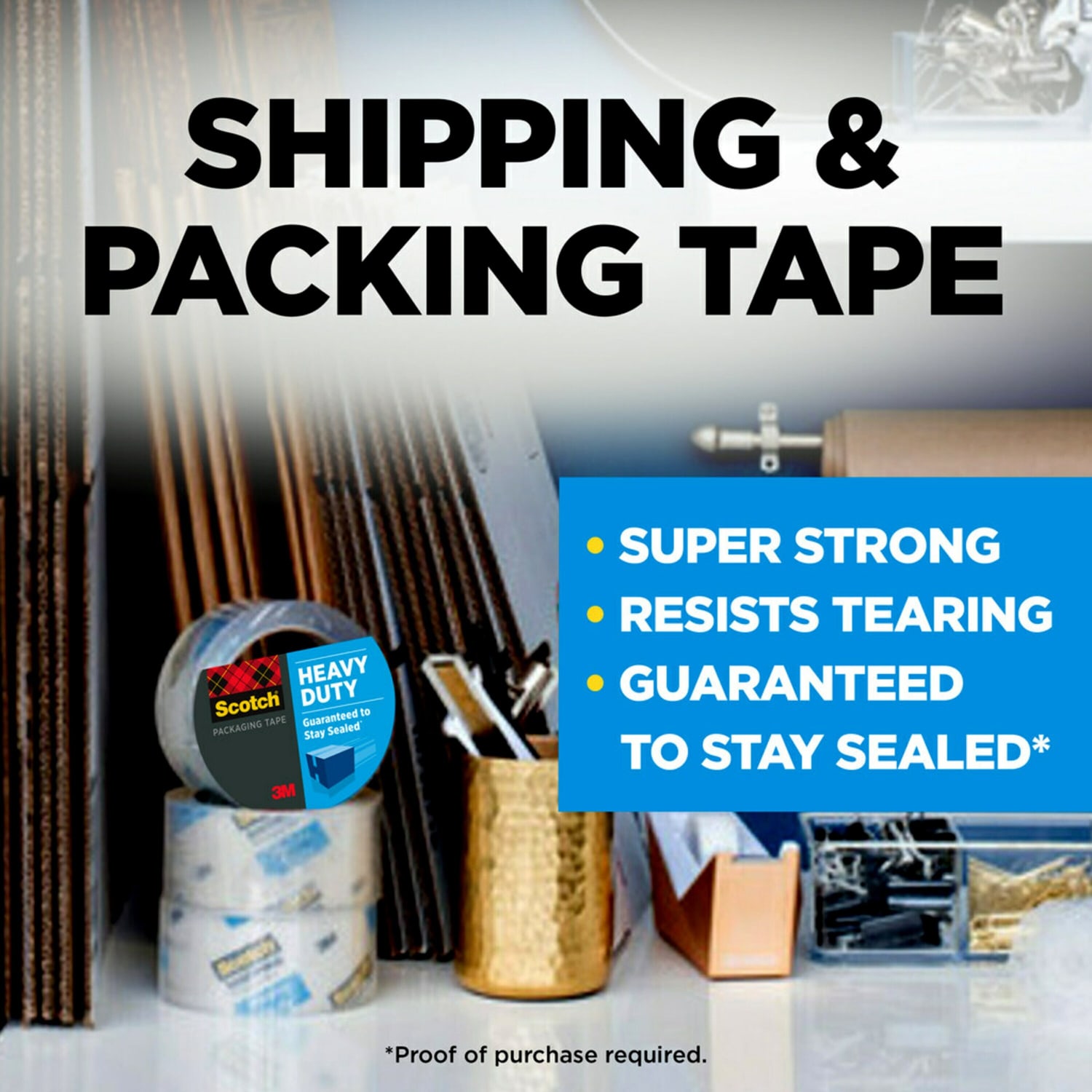 Scotch Heavy Duty Shipping Packing Tape, 6 Tape Rolls with 1 Dispenser, 1 7/8 in x 54.6 yd, 3in Core, Designed for Packing, Shipping and Mailing, Guaranteed to Stay Sealed, Clear - Image 3