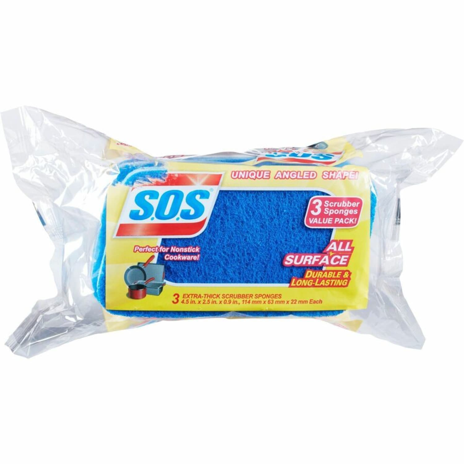 S.O.S All Surface Scrubber Sponge - 5.3in Height x 3in Width x 0.9in Depth - 3 Pack - 1344 / Pallet - Cellulose - Blue - Image 5