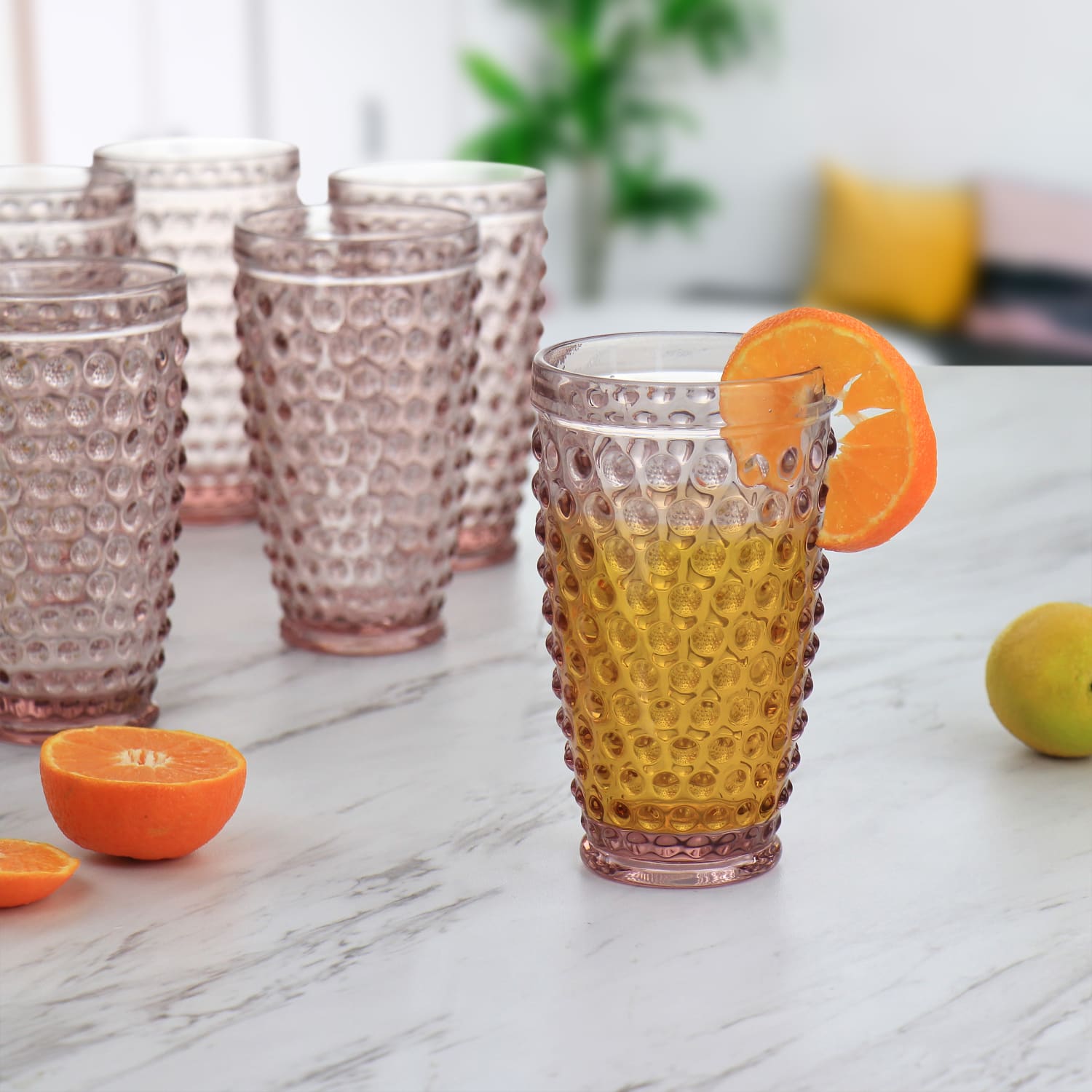 Martha Stewart Hobnail Handmade Glass Tumbler Set, 14.3 Oz, Pink, Set Of 6 Pieces - Image 6