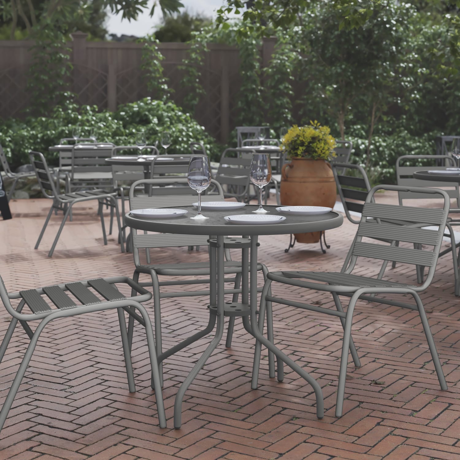 Flash Furniture Bellamy Round Tempered Glass Metal Outdoor Furniture Table, 28inH x 31-1/2inW x 31-1/2inD, Clear/Silver