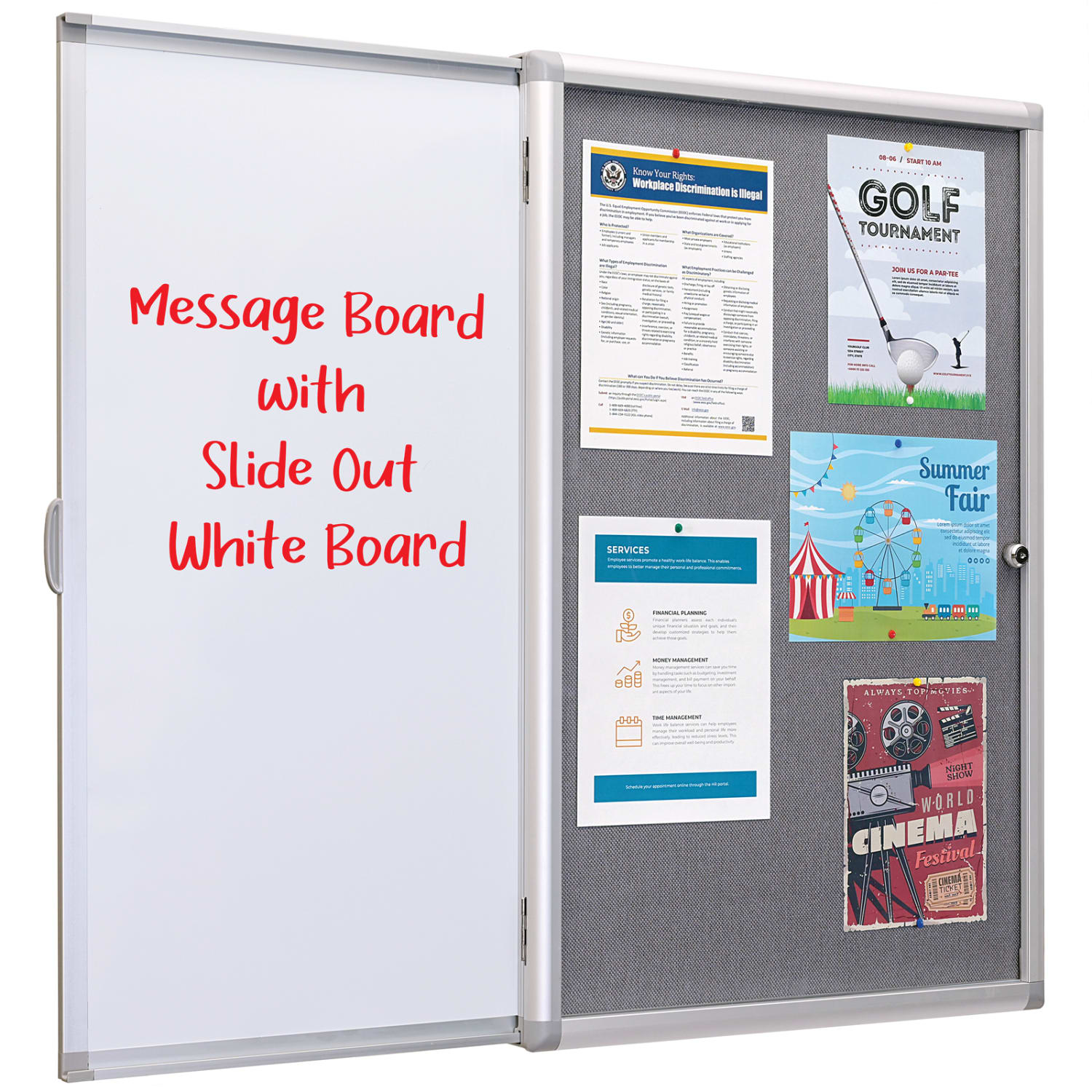 Excello Wall-Mounted Enclosed Sliding Magnetic Dry-Erase Cork Bulletin Combo Board, 36in x 24in, White/Gray, Silver Brushed Metal Frame - Image 3
