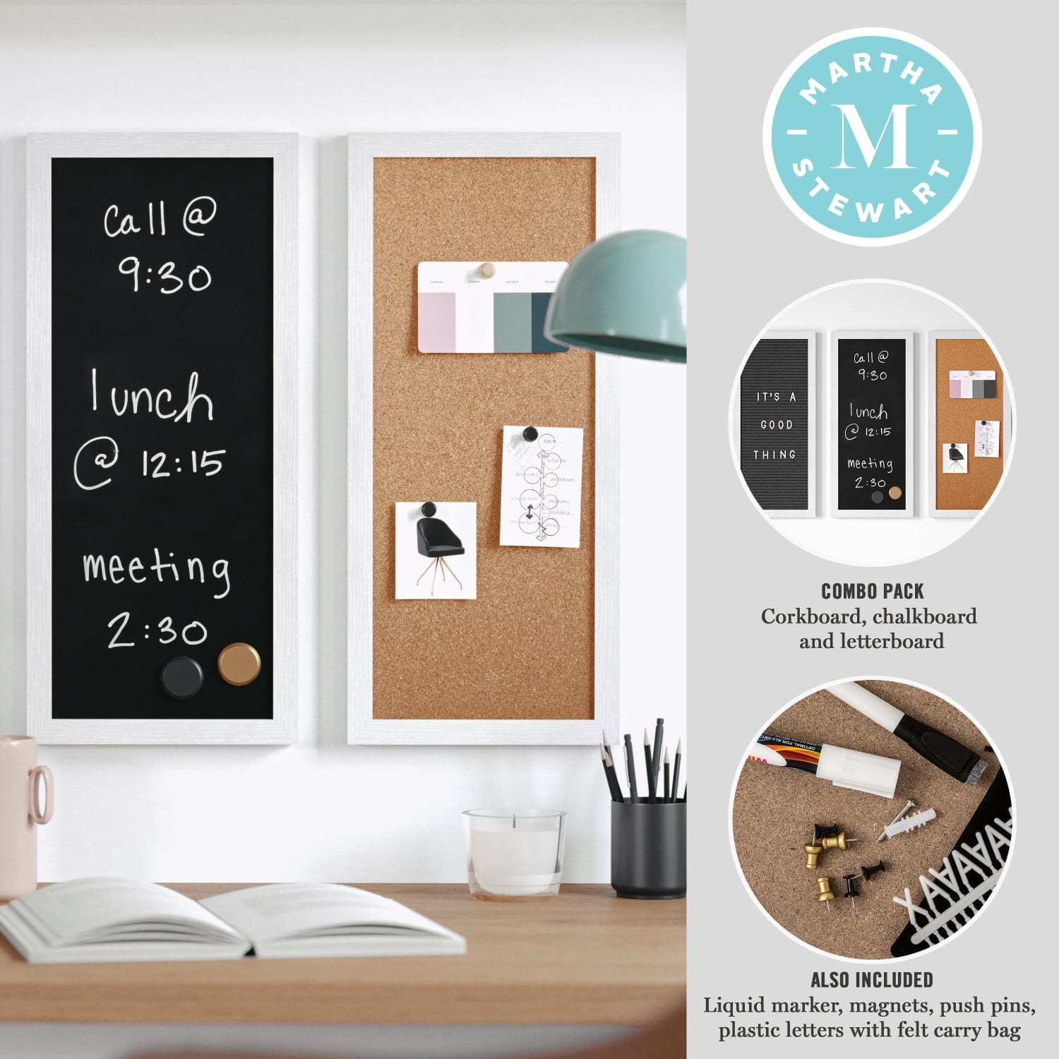 Martha Stewart Everette Cork, Chalk And Letter Board Set, 8in x 18in, Black/Brown, White Woodgrain Frame - Image 4