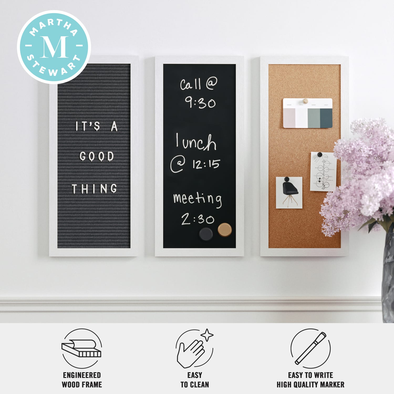 Martha Stewart Everette Cork, Chalk And Letter Board Set, 8in x 18in, Black/Brown, White Woodgrain Frame - Image 5