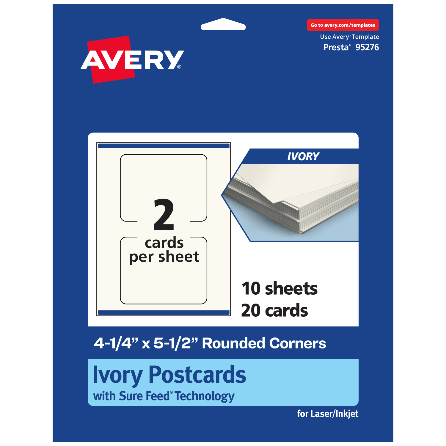 Avery Printable Postcards With Sure Feed Technology, 95276-MIC10, Rectangle Rounded Corner, 4.25in x 5.5in, Matte Ivory, Pack Of 20