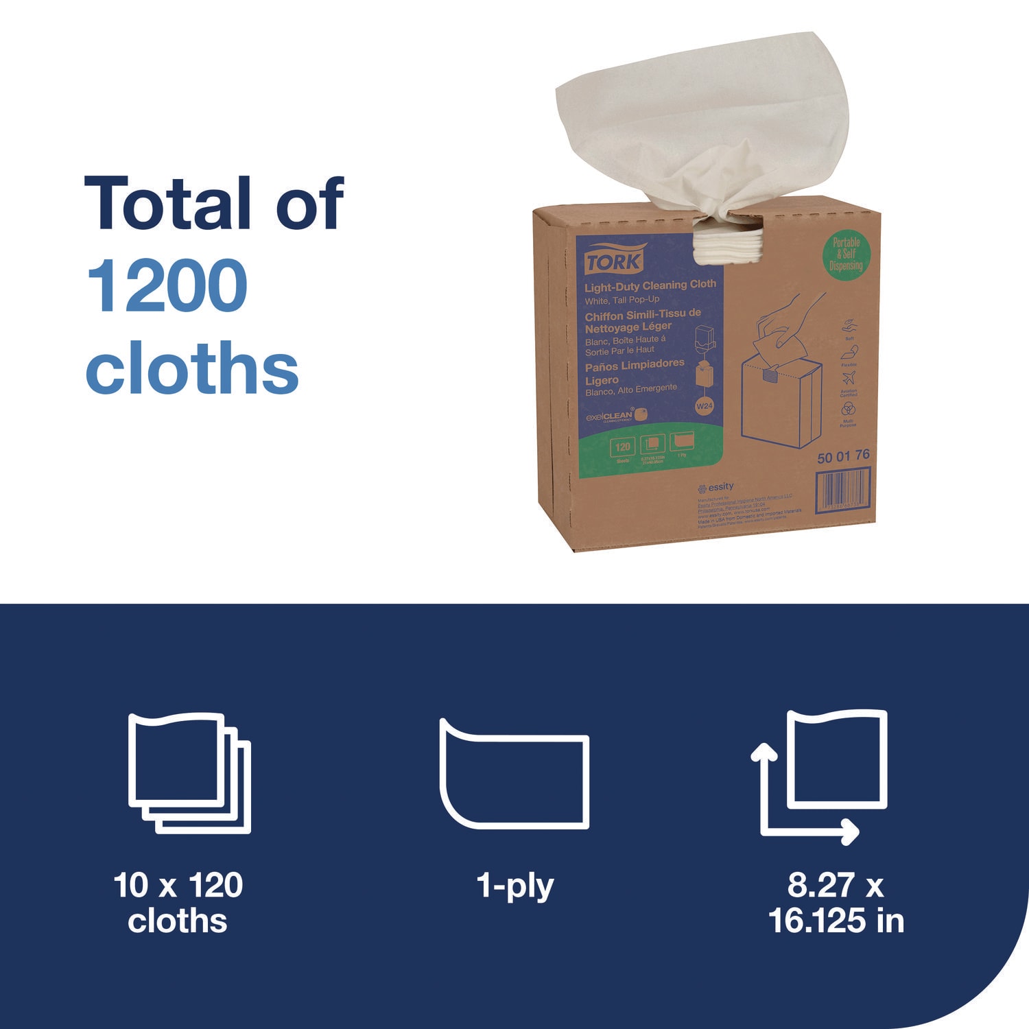 Tork Light Duty Cleaning Cloth Pop Up Box, 1-Ply, 8.3 x 16.1, White, 120 Cloths/Pack, 10 Packs/Carton - Image 3