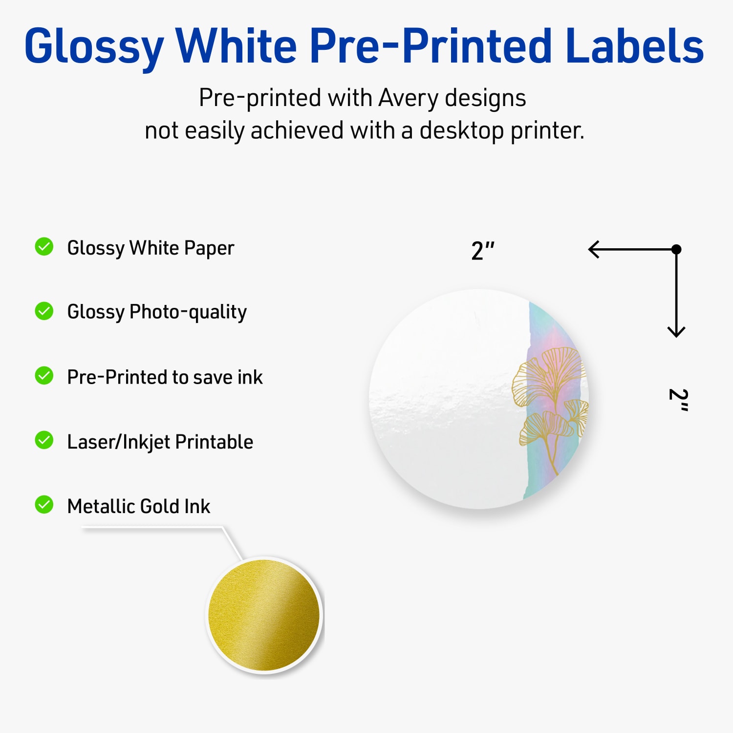 Avery Printable Labels With Sure Feed Technology, S00-EVF, Round, 2in, Glossy White With Preprinted Watercolor/Gold Leaf Design, Pack Of 120 - Image 4