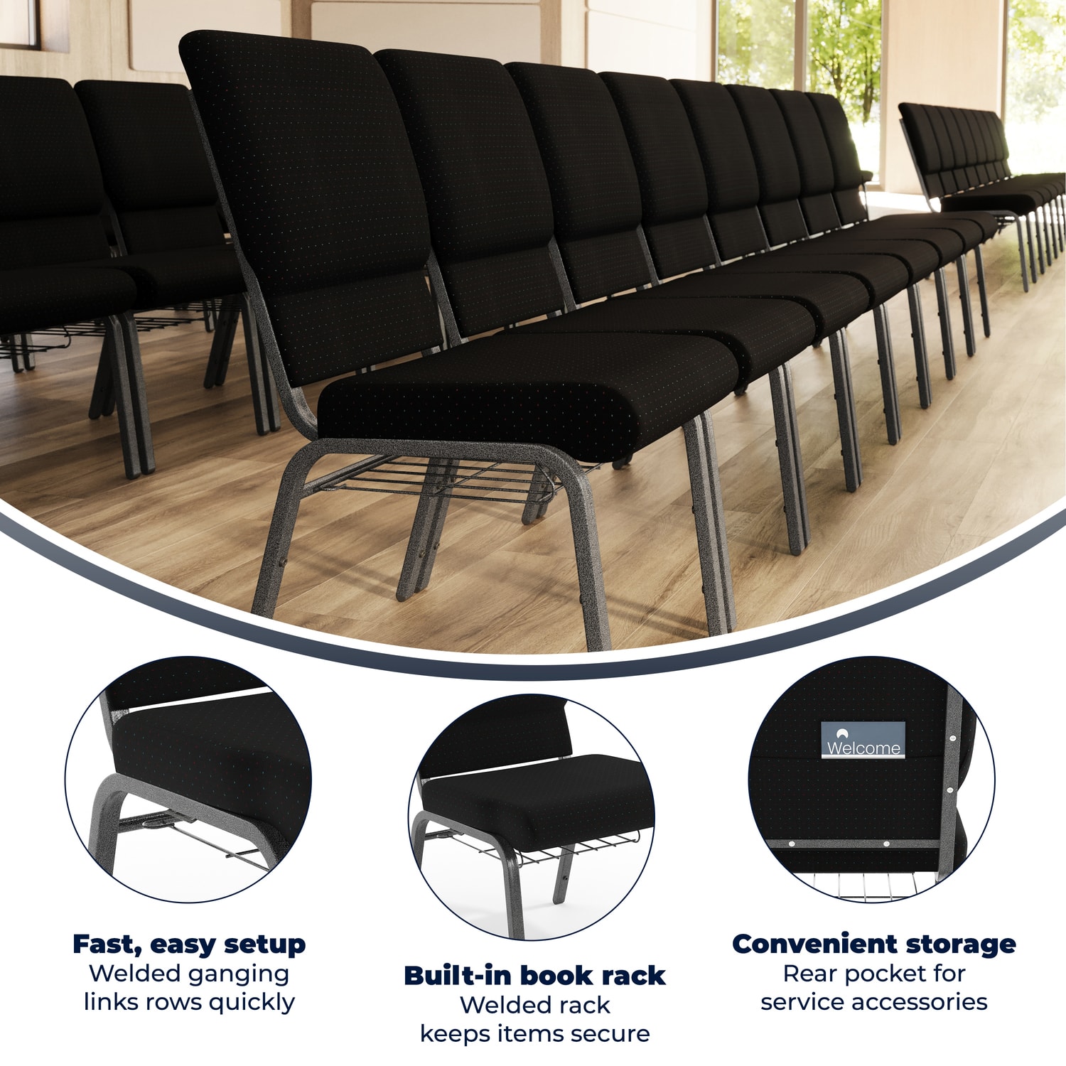 Flash Furniture HERCULES Church Chair With Book Rack Black PatternSilver Vein PopularChairscom