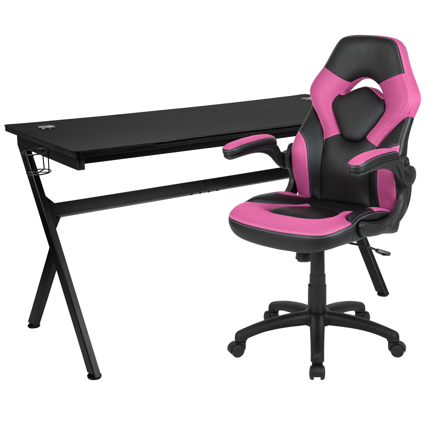 Flash Furniture Gaming Desk And Racing Chair Set With Cup Holder, Headphone Hook & Removable Mouse Pad Top, Pink - Image 3