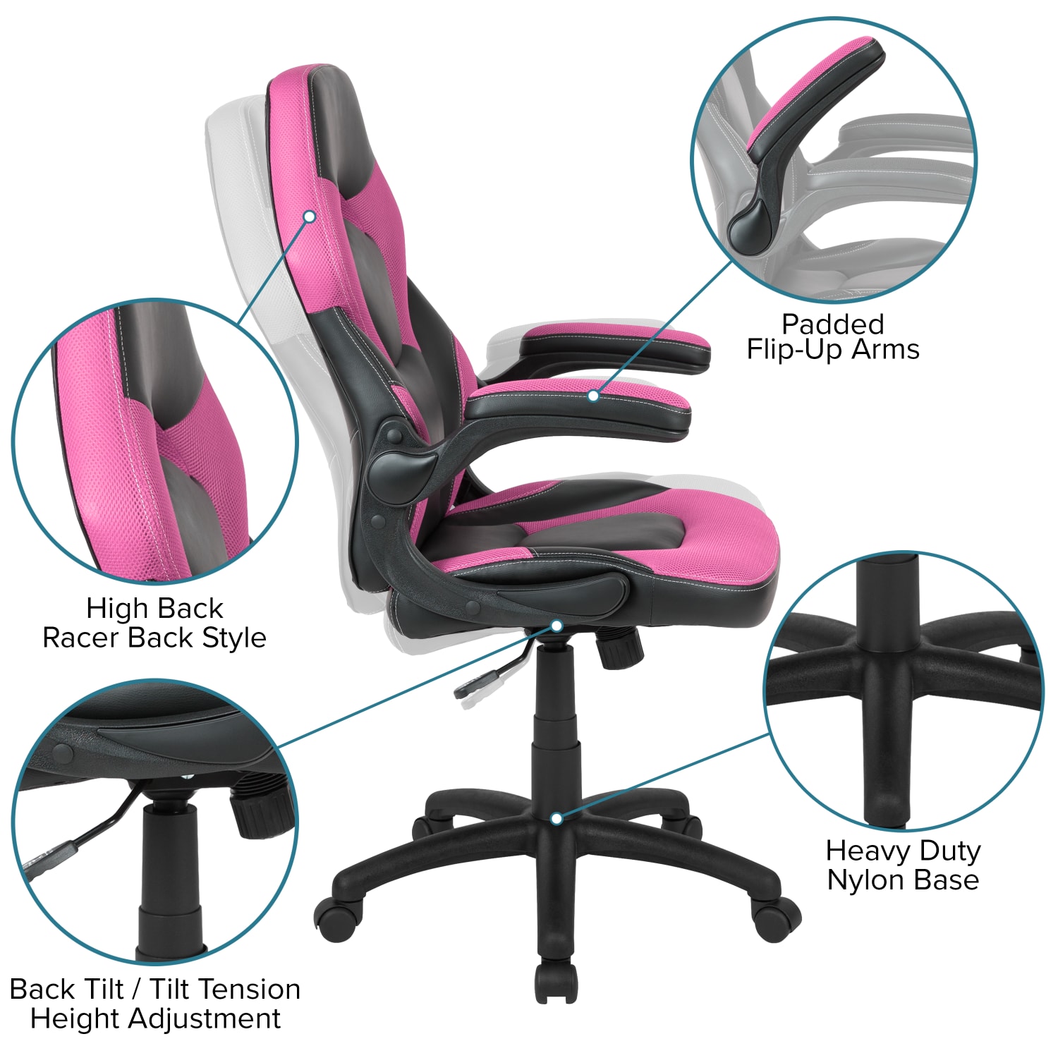Flash Furniture Gaming Desk And Racing Chair Set With Cup Holder, Headphone Hook & Removable Mouse Pad Top, Pink - Image 6