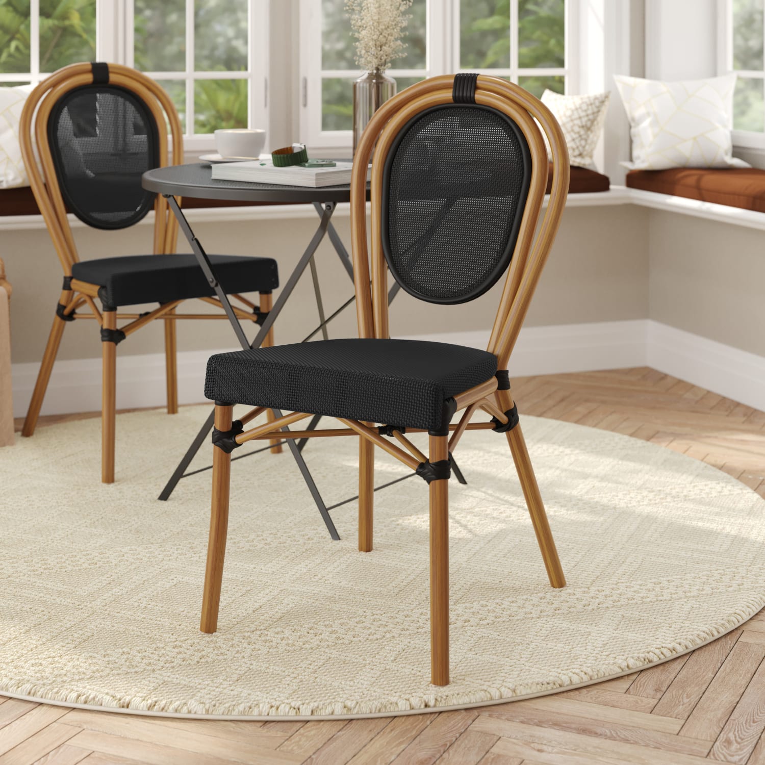Flash Furniture Marseille Indoor/Outdoor Commercial Thonet Bistro Stacking Chair, Textilene and Bamboo Print Aluminum Frame, Black/Natural Frame - Image 3
