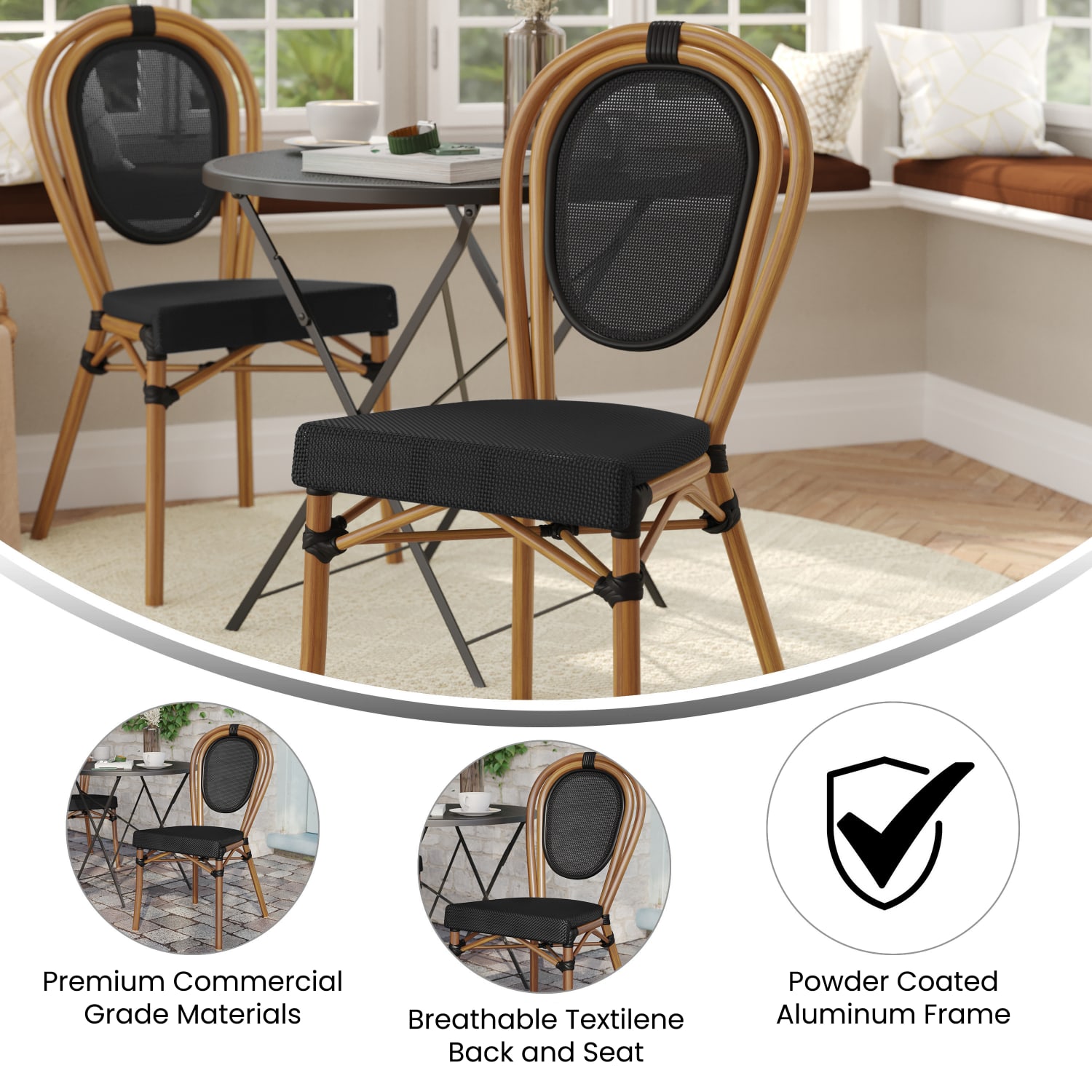 Flash Furniture Marseille Indoor/Outdoor Commercial Thonet Bistro Stacking Chair, Textilene and Bamboo Print Aluminum Frame, Black/Natural Frame - Image 4