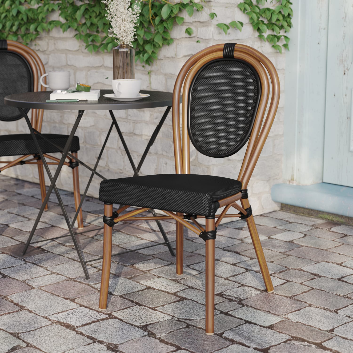 Flash Furniture Marseille Indoor/Outdoor Commercial Thonet Bistro Stacking Chair, Textilene and Bamboo Print Aluminum Frame, Black/Natural Frame - Image 5