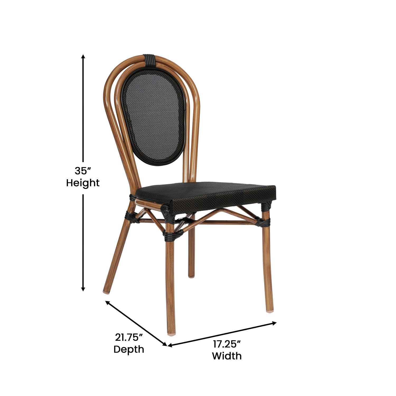 Flash Furniture Marseille Indoor/Outdoor Commercial Thonet Bistro Stacking Chair, Textilene and Bamboo Print Aluminum Frame, Black/Natural Frame - Image 6