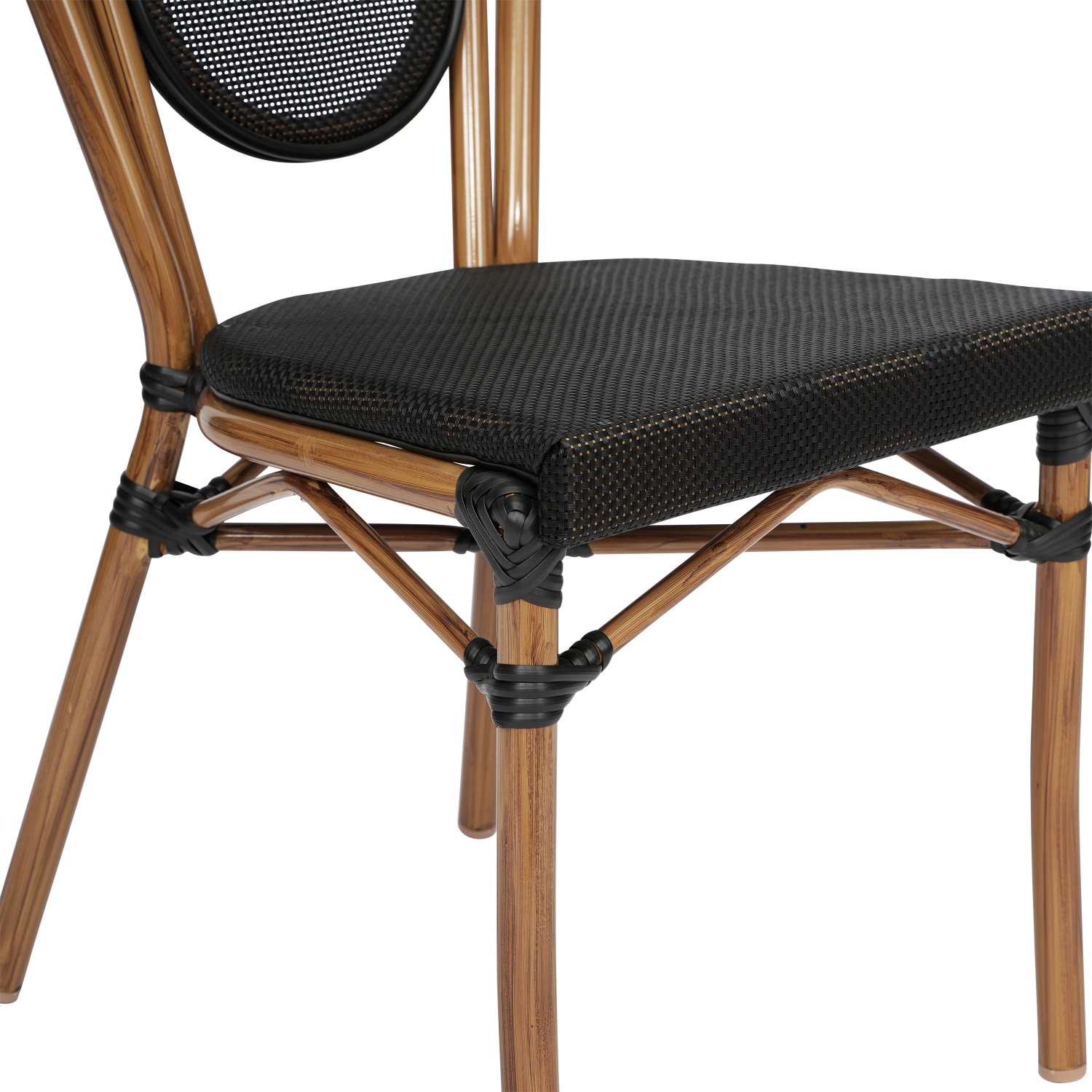 Flash Furniture Marseille Indoor/Outdoor Commercial Thonet Bistro Stacking Chair, Textilene and Bamboo Print Aluminum Frame, Black/Natural Frame - Image 11