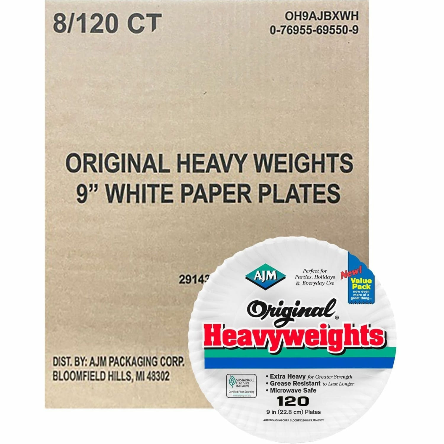 AJM 9in Original Heavyweight Plates - Serving, Reheating - Disposable - Microwave Safe - 9in Diameter - White - Paper Body - 120/Pack - 8 / Carton