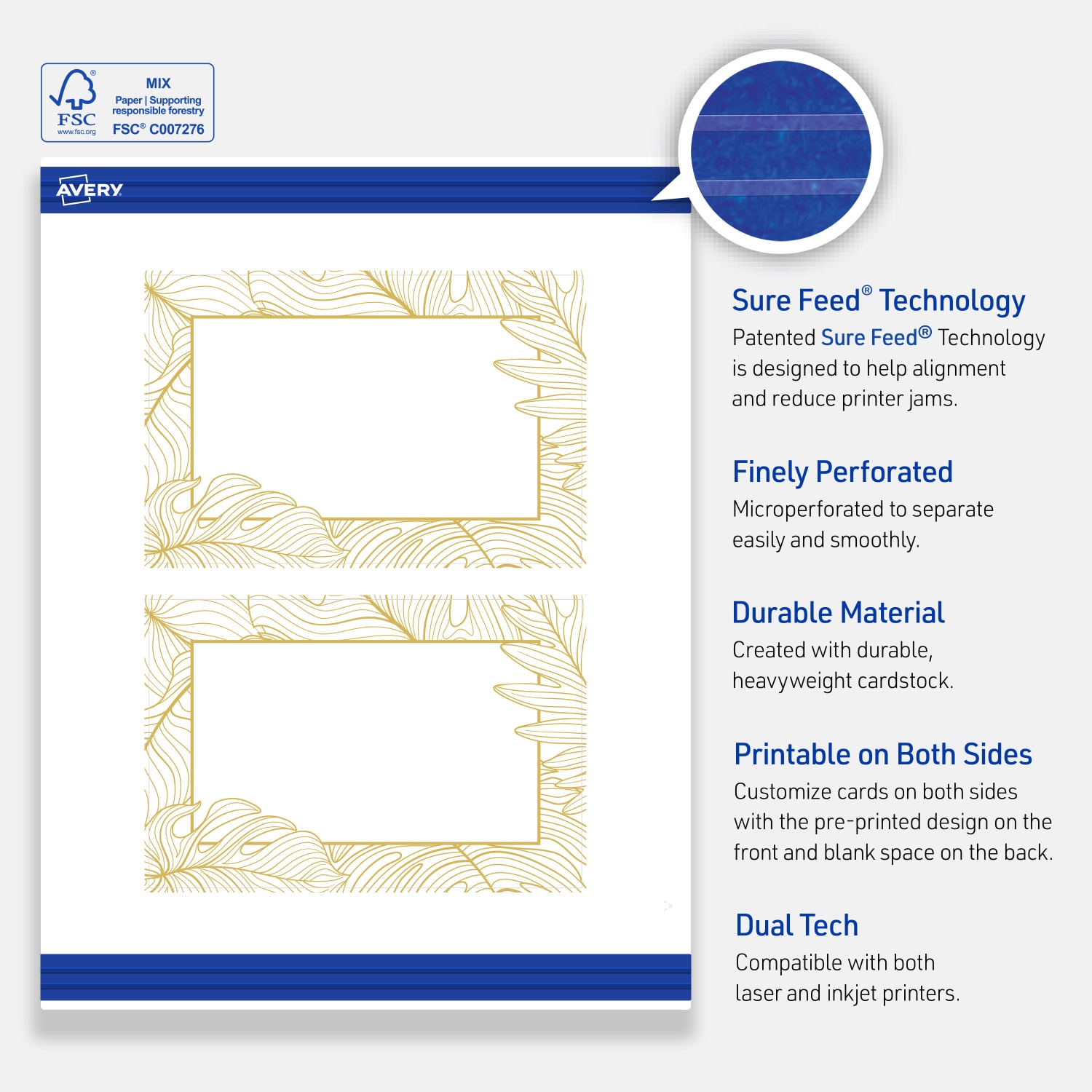 Avery Printable Postcards With Sure Feed Technology, 4-1/4in x 5-1/2in, Matte White With Preprinted Gold-Blush Pattern, Pack Of 20 - Image 5