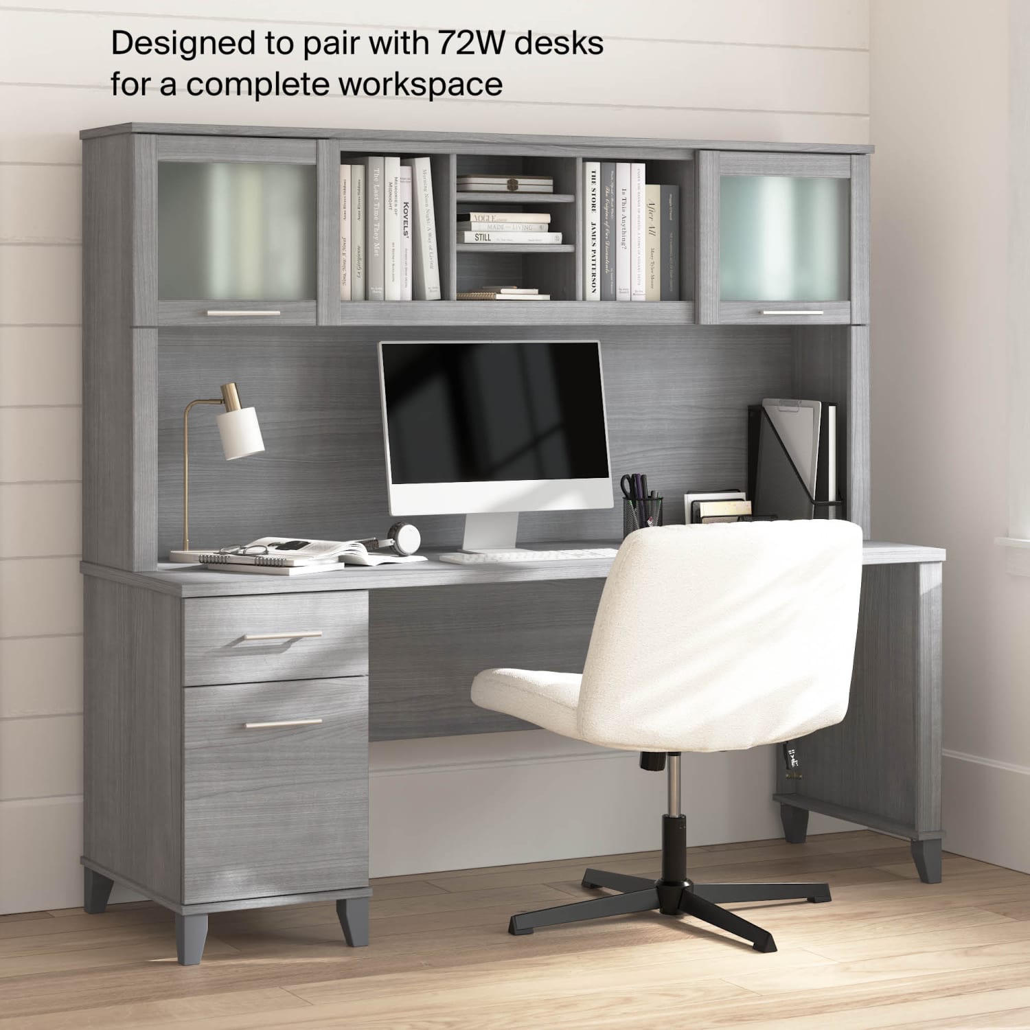 Bush Furniture Hutch For L-Shaped Desk, 72inW, Platinum Gray, Standard Delivery - Image 6