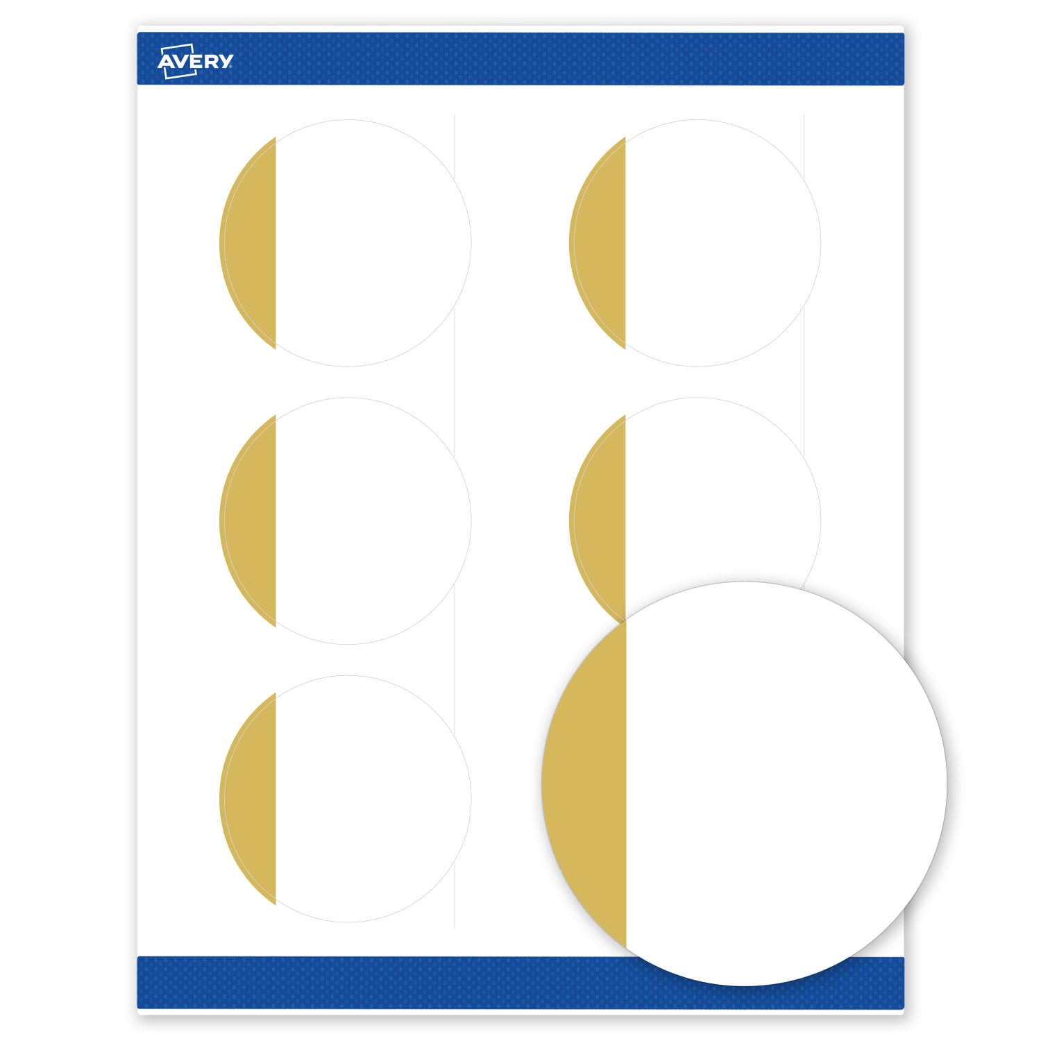 Avery Print-To-The-Edge Labels With Sure Feed Technology, S00-DJN-PRWMP10, Round, 3in, Matte White, Preprinted Dipped Gold Edge Design, Pack Of 60 - Image 3