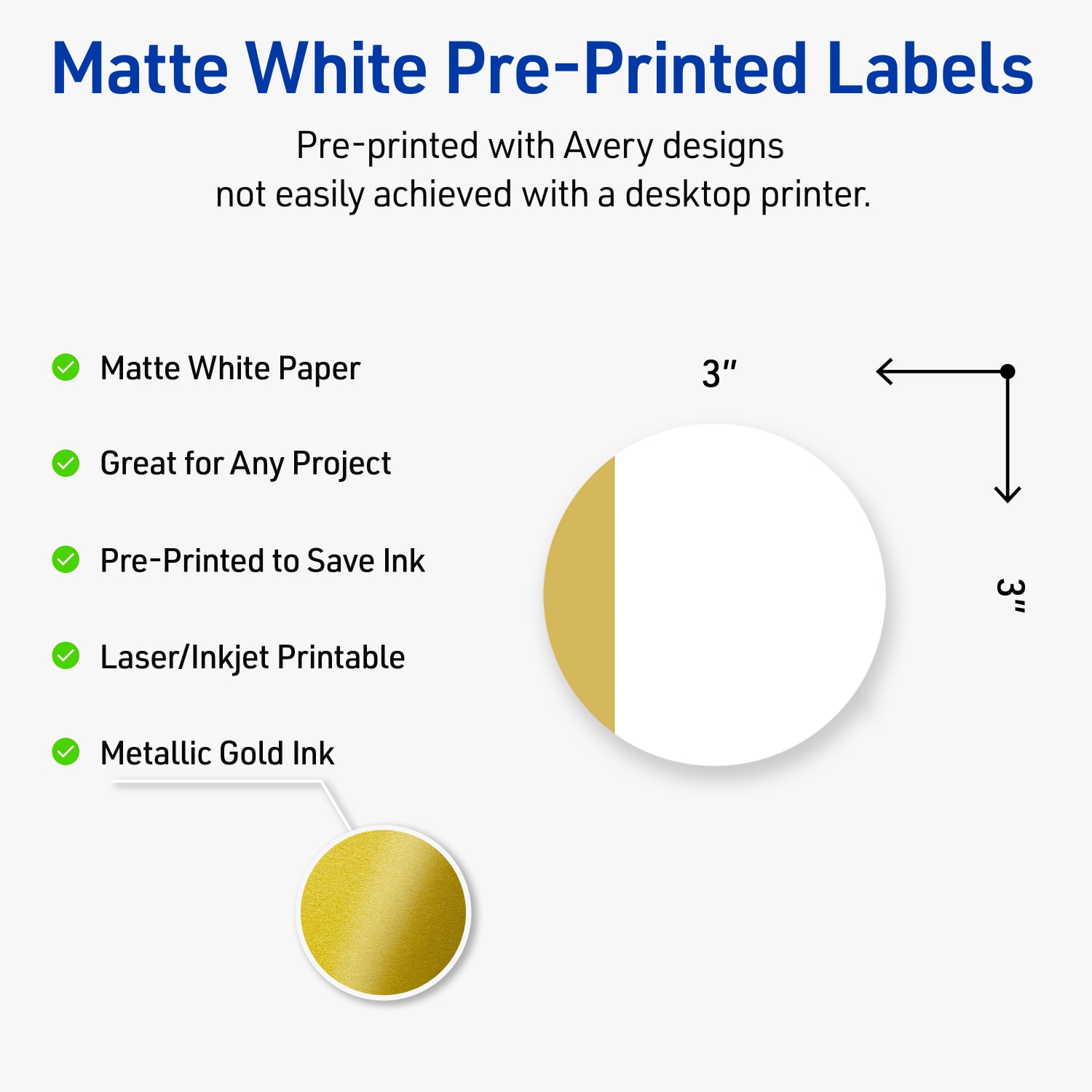 Avery Print-To-The-Edge Labels With Sure Feed Technology, S00-DJN-PRWMP10, Round, 3in, Matte White, Preprinted Dipped Gold Edge Design, Pack Of 60 - Image 4