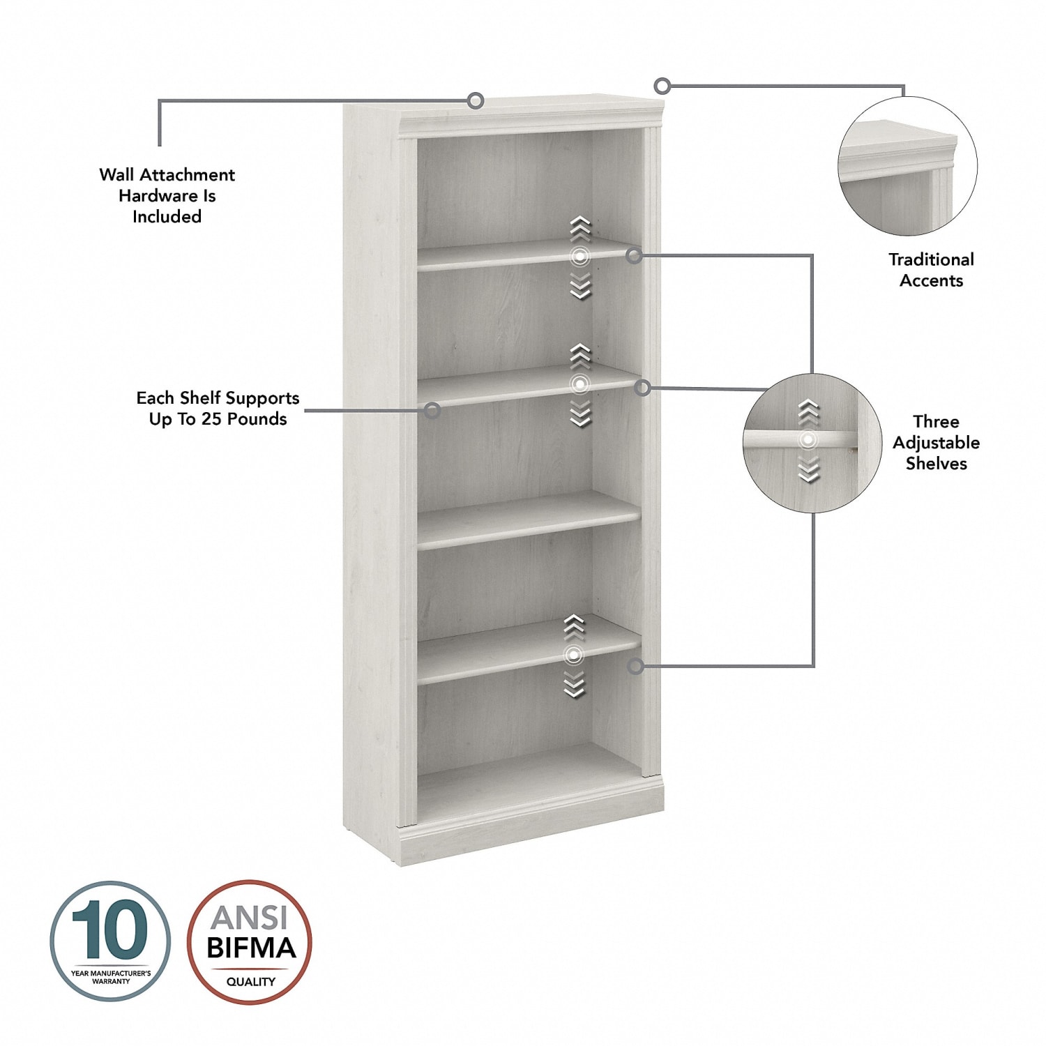 Bush Business Furniture Saratoga 66inW Executive Computer Desk With File Cabinet And 5-Shelf Bookcase Set, Linen White Oak, Standard Delivery - Image 6