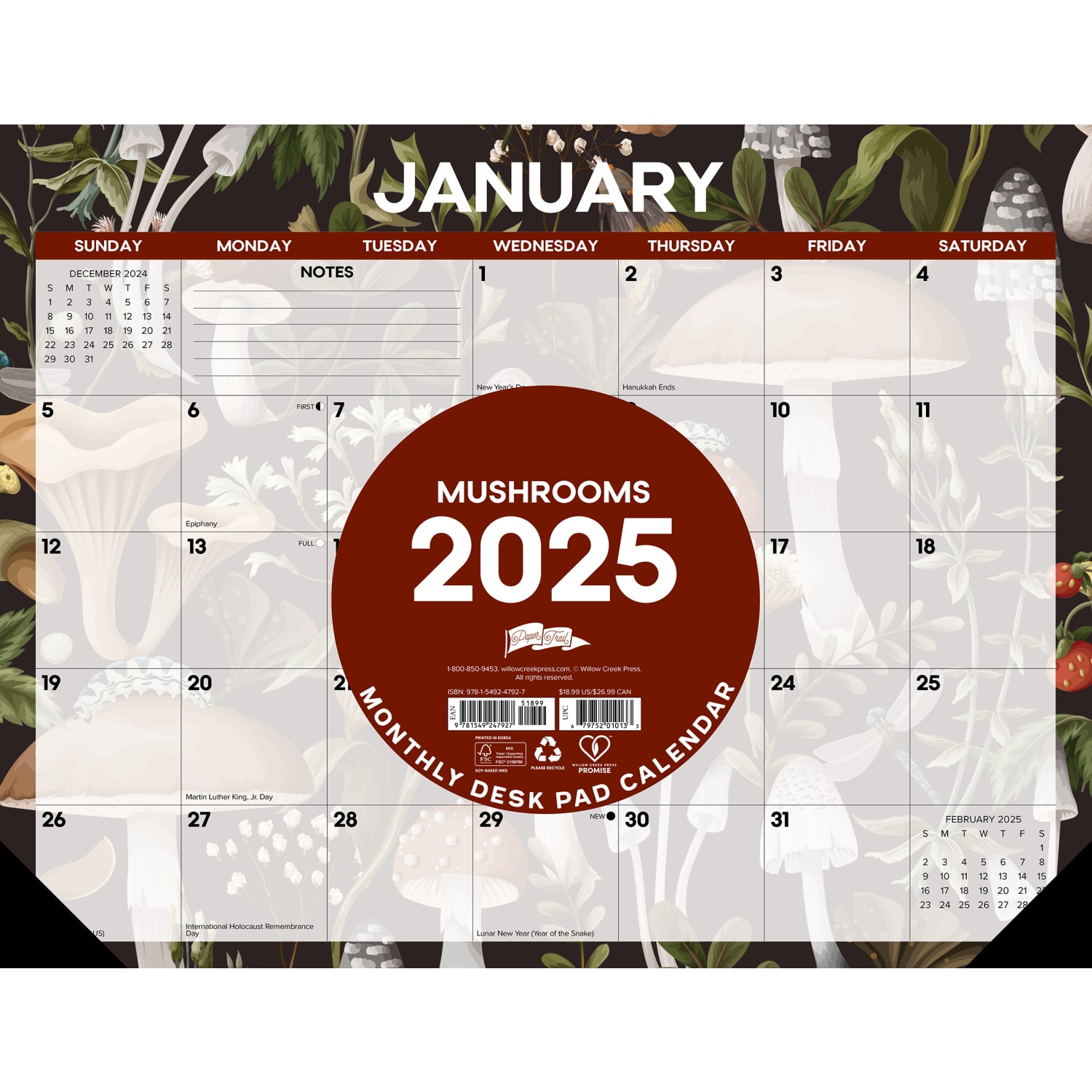 2025 Willow Creek Press Monthly Desk Pad Calendar, 22in x 17in, Mushrooms, January 2025 To December 2025, 47927 - Image 3