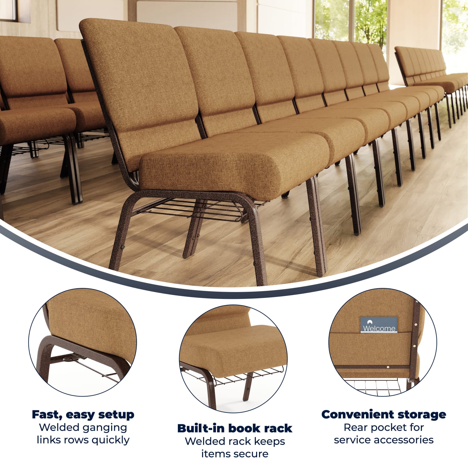 Flash Furniture HERCULES Series Church Chair With Book Rack, Caramel/Copper Vein - Image 4