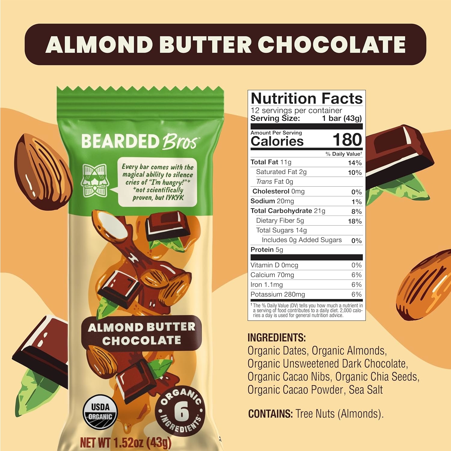 Bearded Brothers Almond Butter Chocolate Energy Bars, 1.52 Oz, Total Qty 12 - Image 3