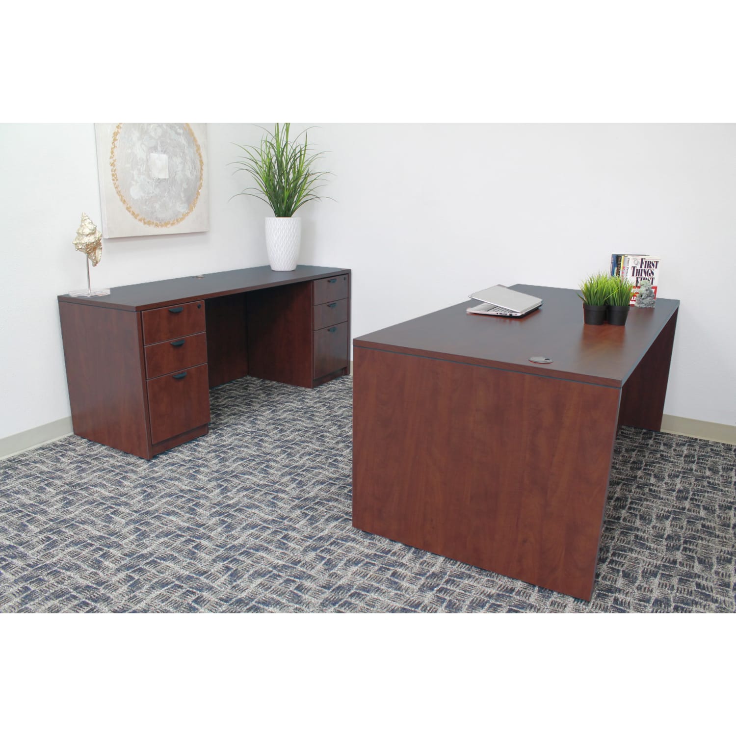 Boss Office Products Holland Suite Desk And Credenza With Dual File Storage Pedestals, Mahogany - Image 6