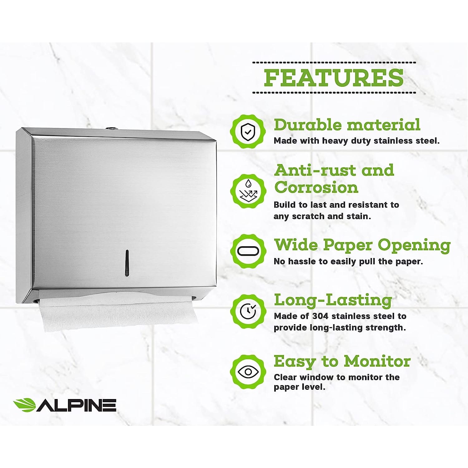 Alpine Industries Stainless Steel Multi-Fold/C-Fold Paper Towel Dispensers, Silver, Pack Of 2 Dispensers - Image 5