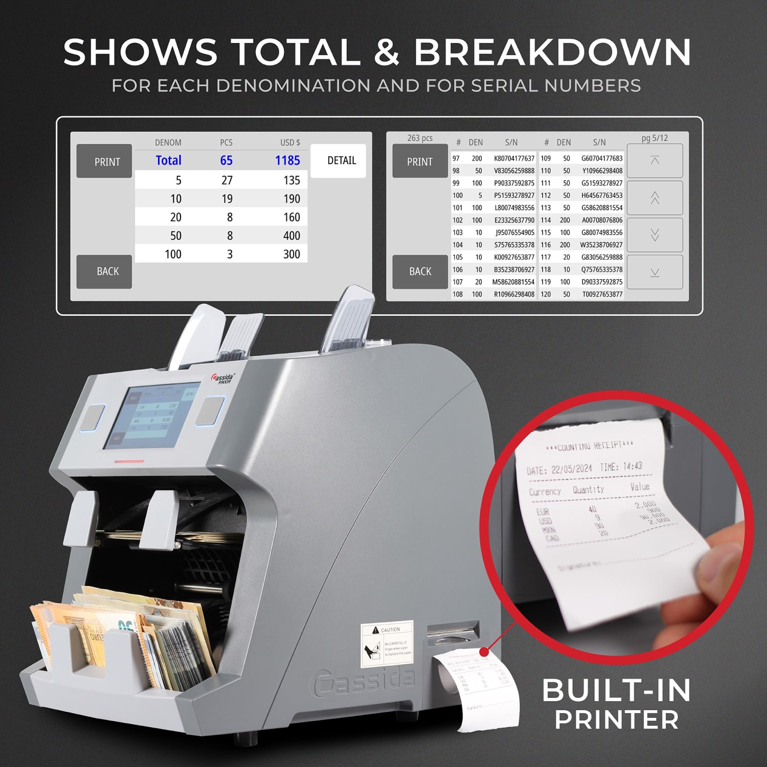 Cassida 9900R V2 Premium 2-Pocket Bank Grade Mixed Bill Counter, 13-7/16inH x 11-1/2inW x 12inD - Image 5