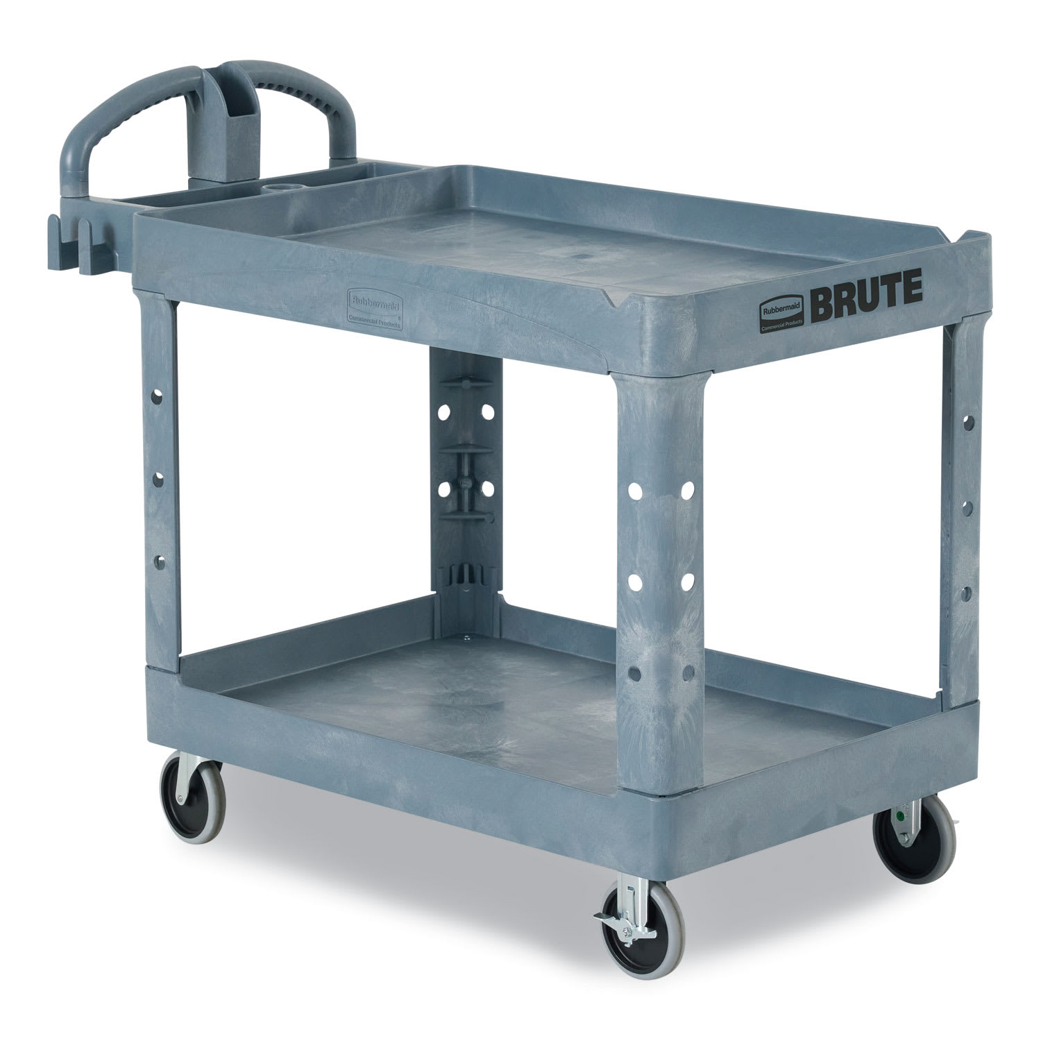 Rubbermaid Commercial BRUTE Heavy-Duty Ergo Handle Utility Cart, Plastic, Two Shelves, 500 lb Capacity, 25.5in x 44in x 39in, Gray