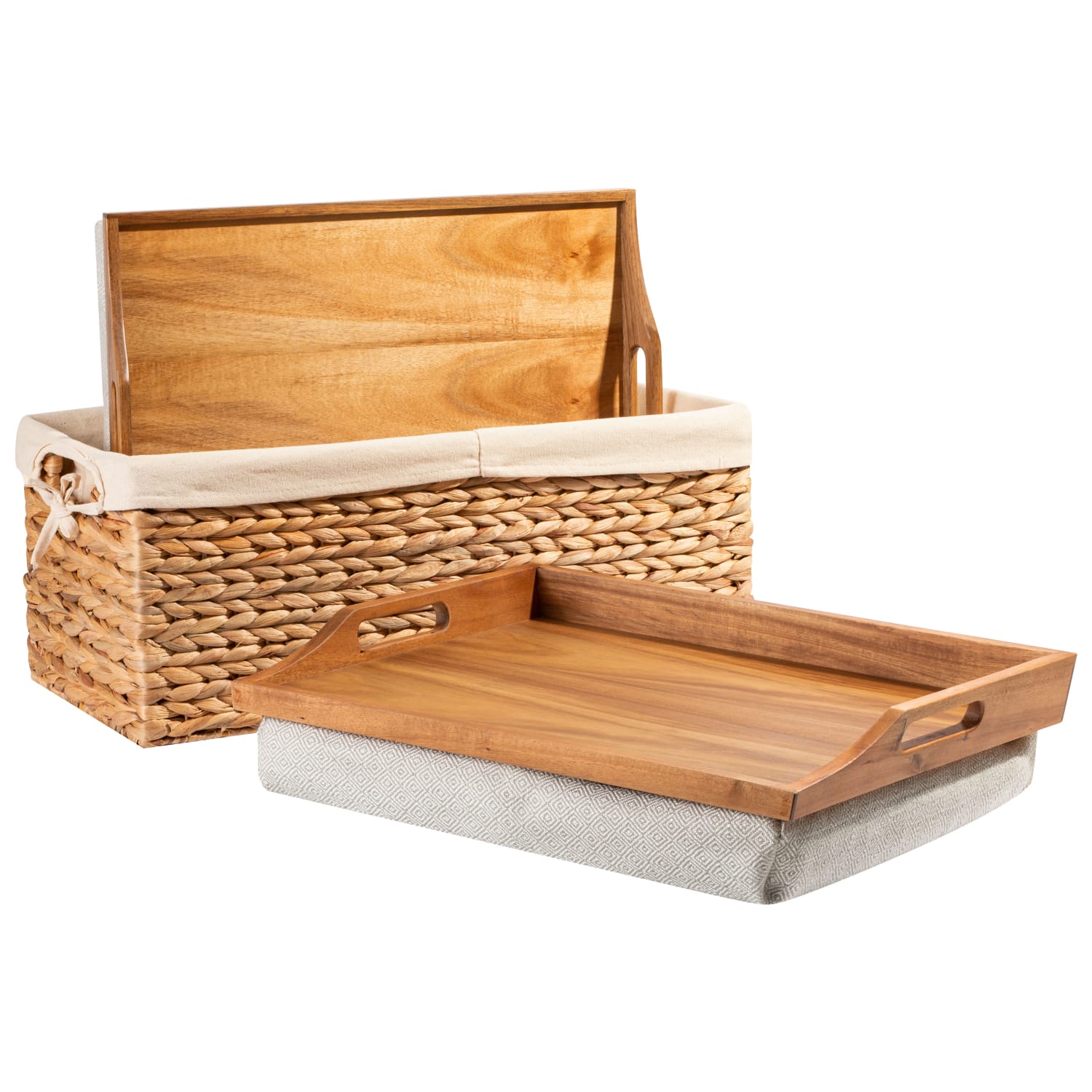 Rossie Home Lap Tray With Pillow Basket Set, 4-1/8inH x 17-1/2inW x 4-1/8inD, Natural Acacia, Set Of 2 Lap Trays