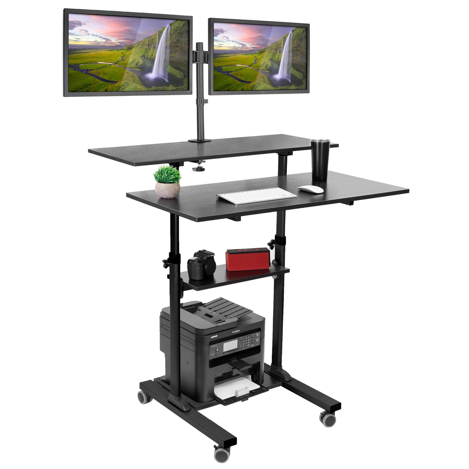 Mount-It! MI-7972 Mobile Standing Desk Workstation, With Dual-Monitor Mount, 72-1/4inH x 39-1/2inW x 26inD, Black - Image 3
