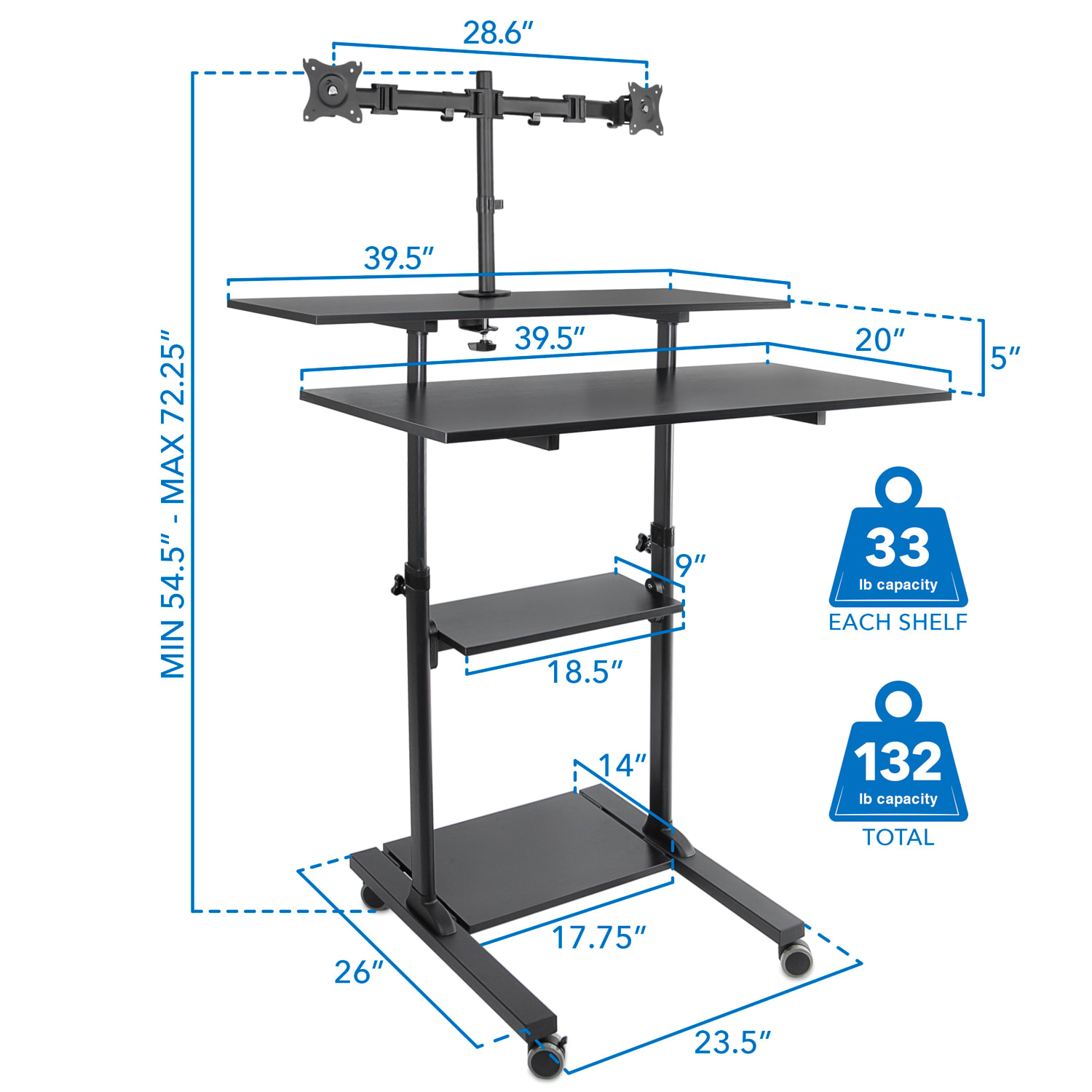 Mount-It! MI-7972 Mobile Standing Desk Workstation, With Dual-Monitor Mount, 72-1/4inH x 39-1/2inW x 26inD, Black - Image 4