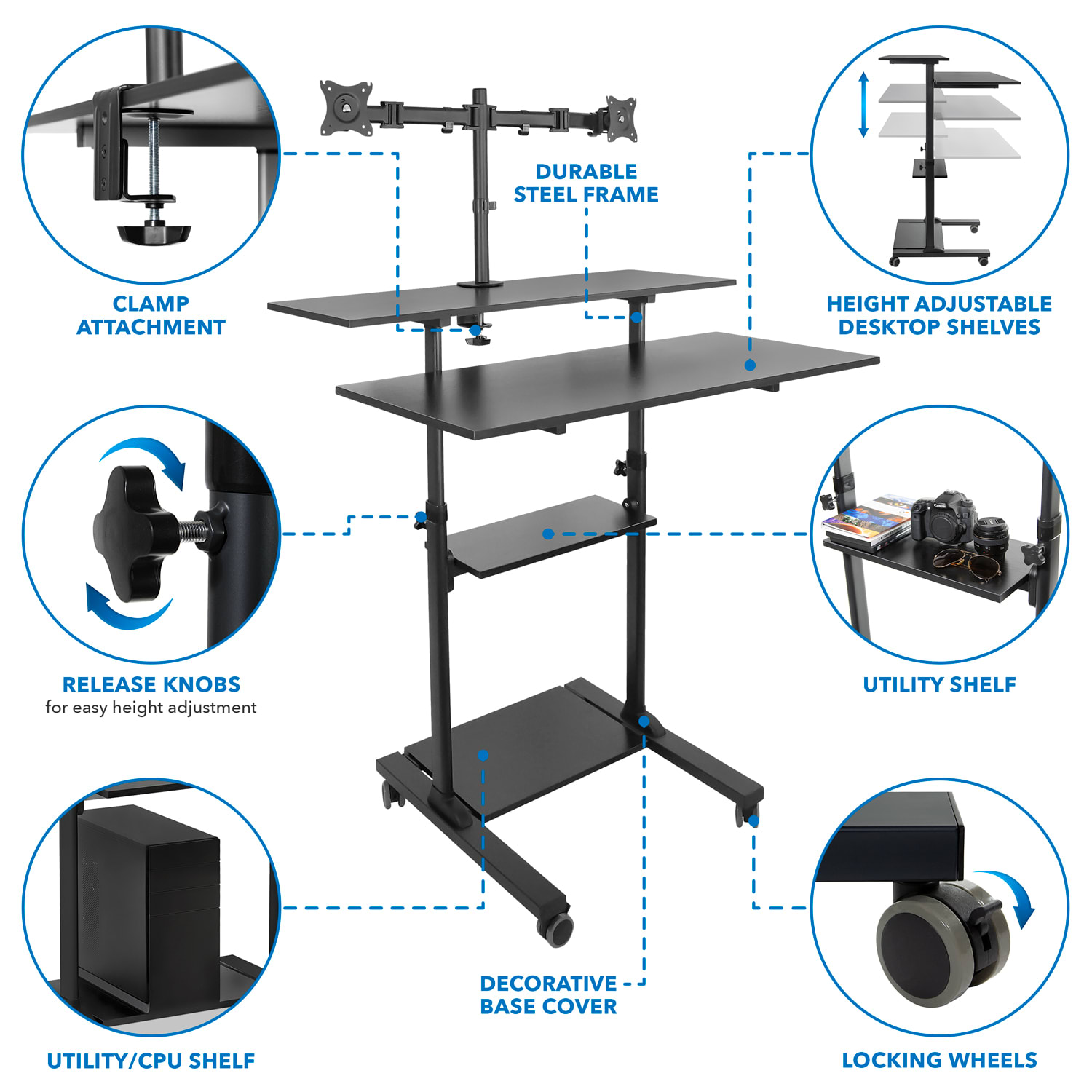 Mount-It! MI-7972 Mobile Standing Desk Workstation, With Dual-Monitor Mount, 72-1/4inH x 39-1/2inW x 26inD, Black - Image 6