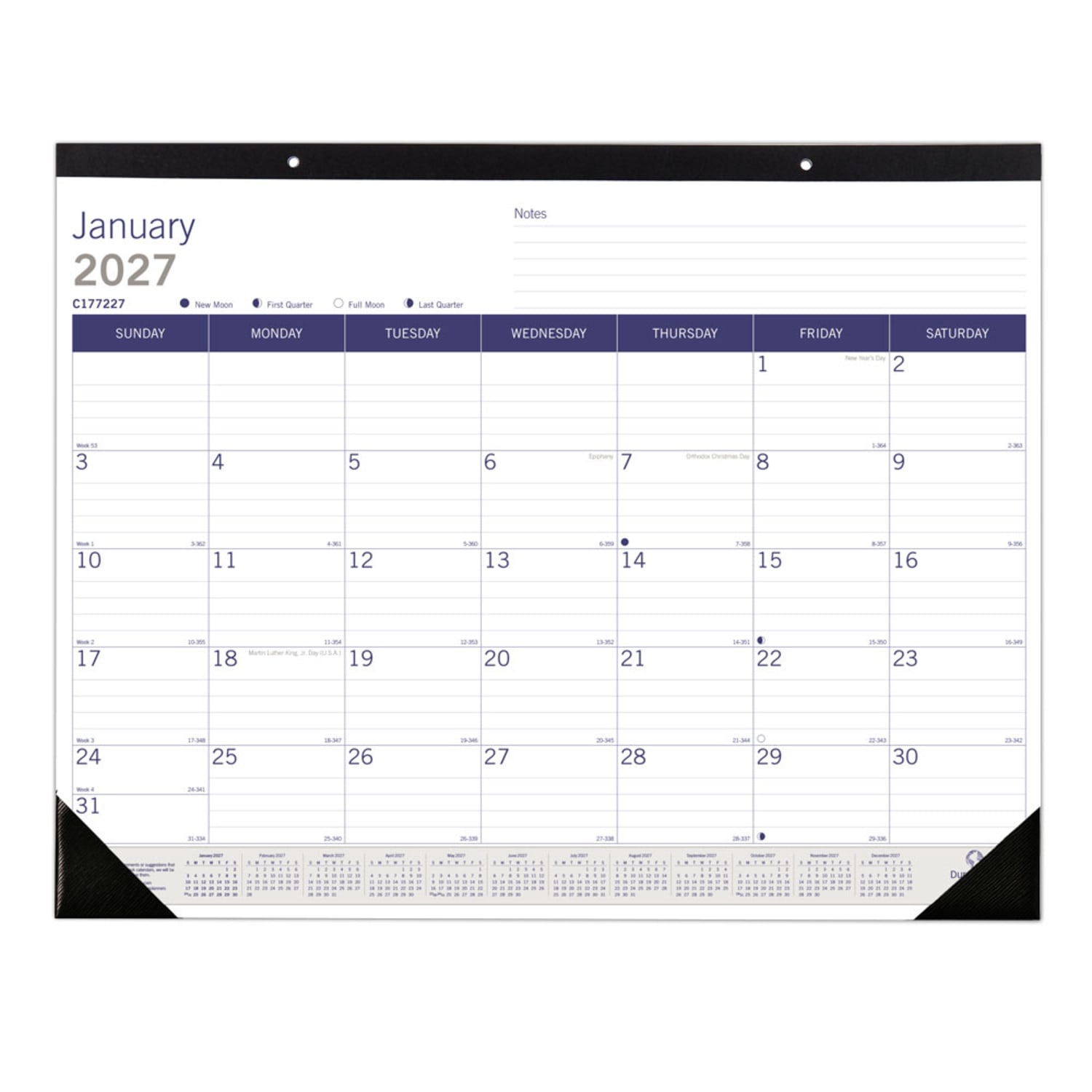 2027 Blueline DuraGlobe Monthly Desk Pad Calendar, 22in x 17in, Blue/White, January To December, C177227, Total Qty 1