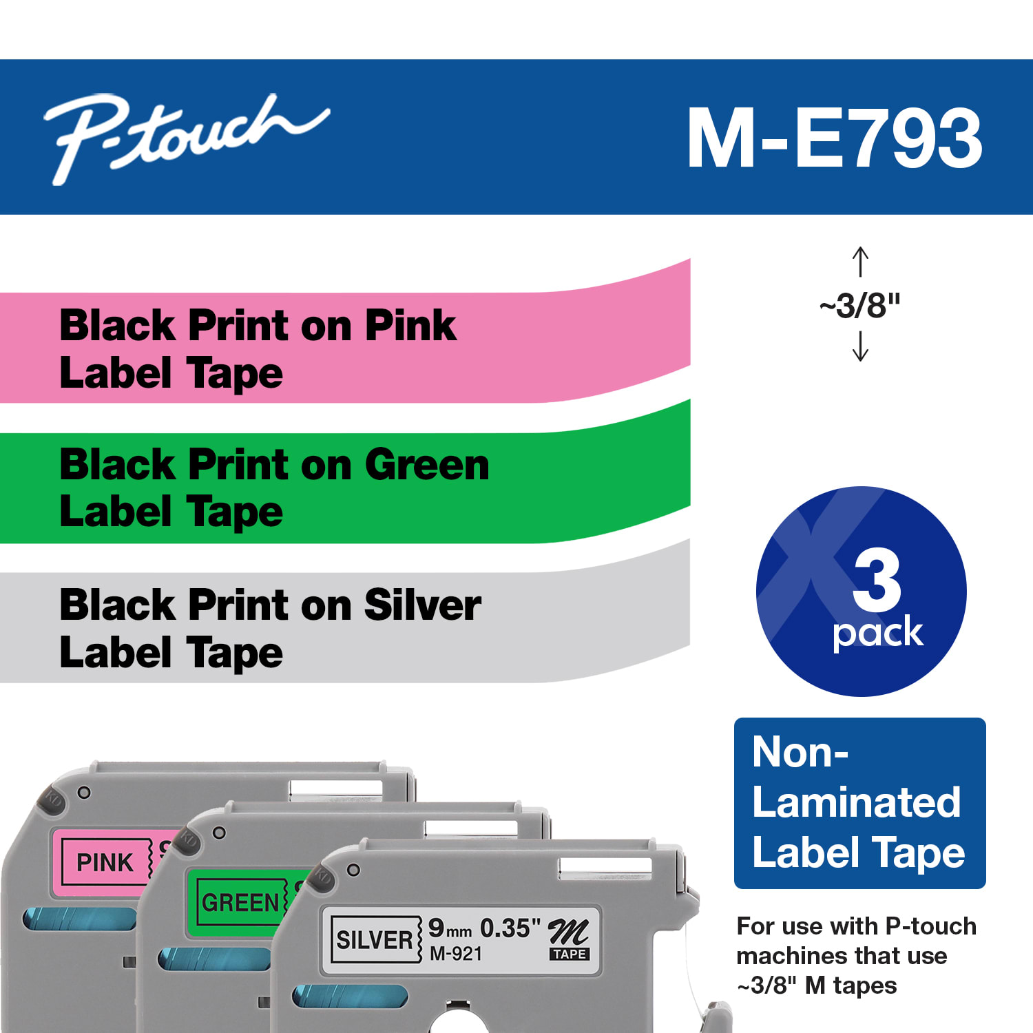 Brother ME-793 Black-On-Pink/-Green/-Silver Tapes, 0.38in x 26.2ft, Pack Of 3 - Image 3
