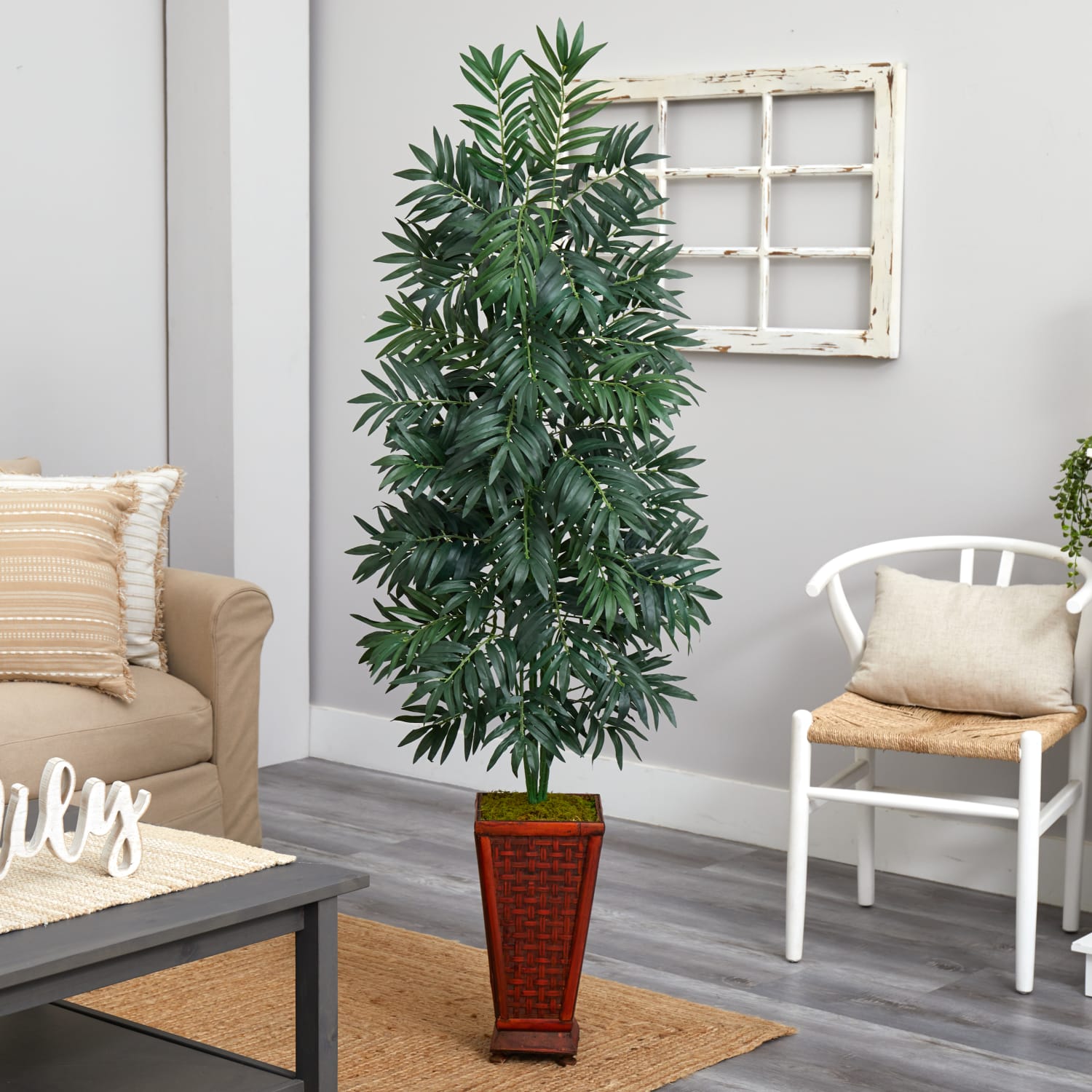 Nearly Natural 5-1/2ftH Bamboo Palm Artificial Plant With Decorative Planter, 66inH x 20inW x 20inD, Brown/Green - Image 3