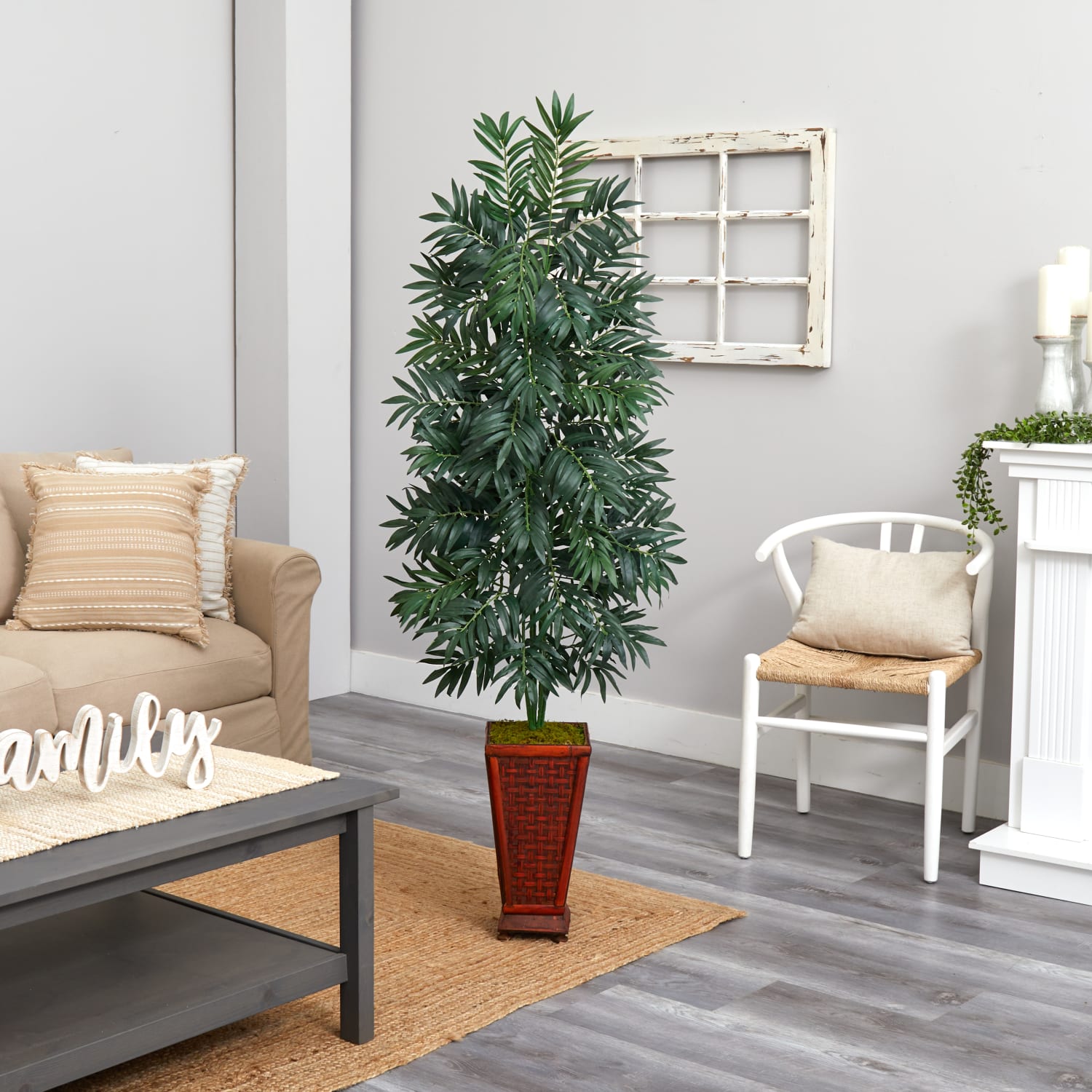Nearly Natural 5-1/2ftH Bamboo Palm Artificial Plant With Decorative Planter, 66inH x 20inW x 20inD, Brown/Green - Image 4