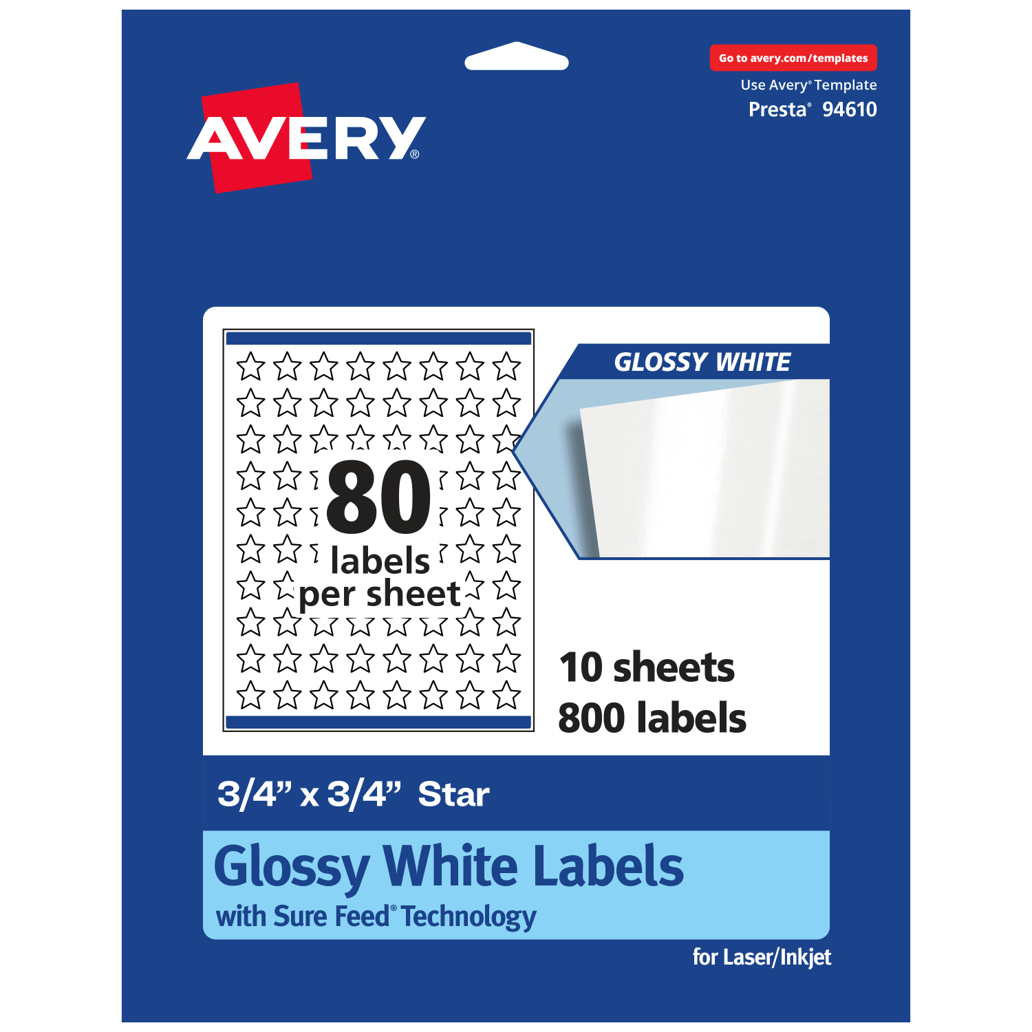 Avery Glossy Permanent Labels With Sure Feed, 94610-WGP10, Star, 3/4in x 3/4in, White, Pack Of 800