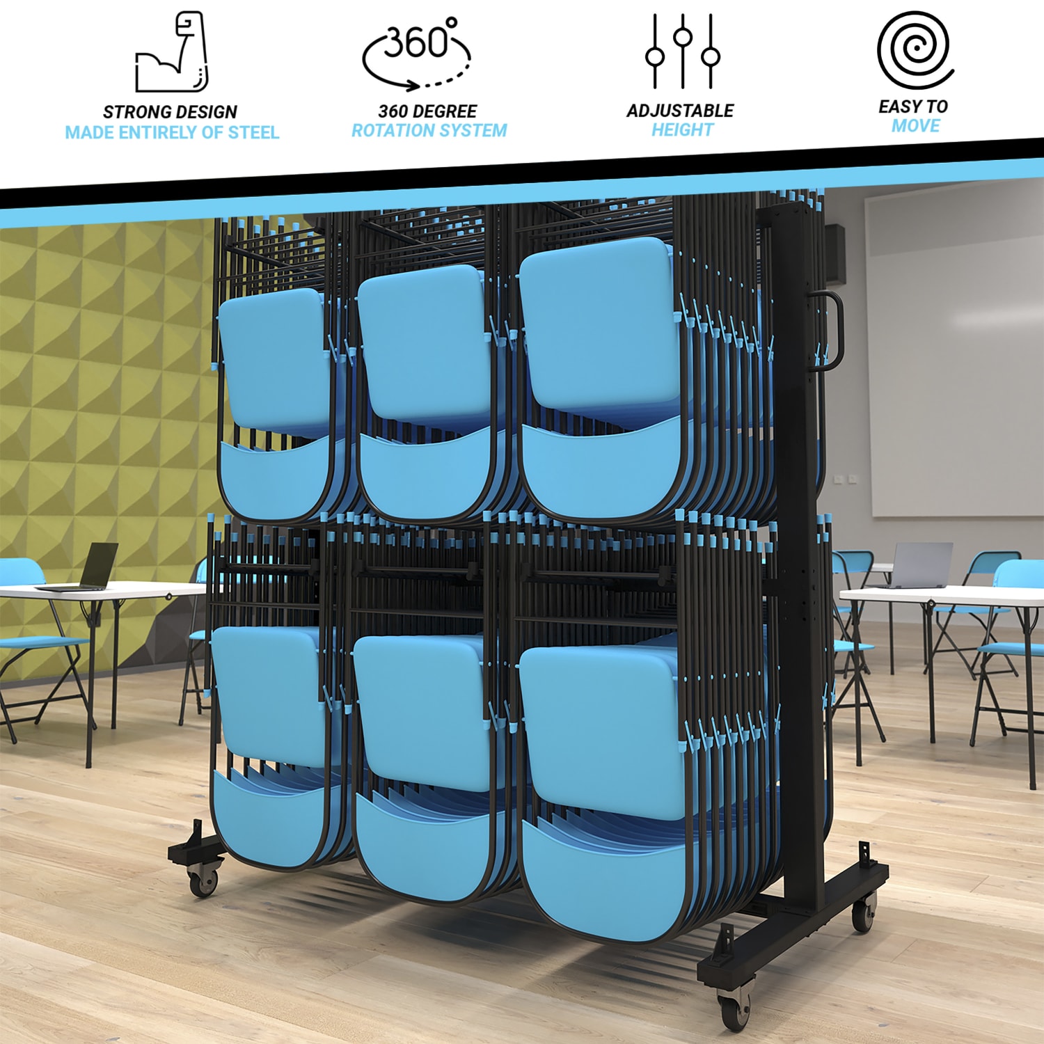 Flash Furniture Hawkins Folding Table and Chairs Mobile Dolly Cart, 73-1/2inH x 71-1/2inW x 33-1/2inD, Black - Image 5