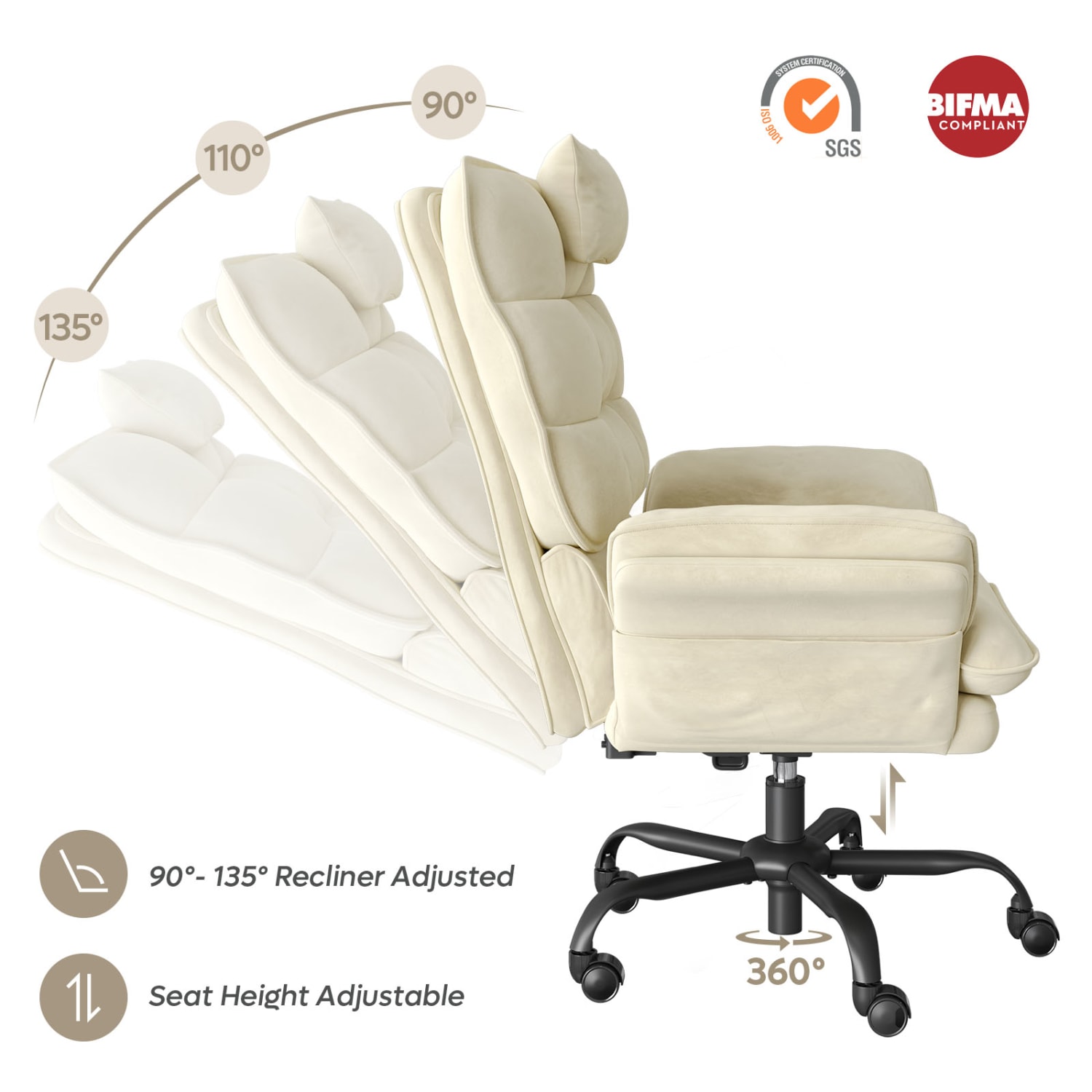 Bestier Ergonomic Velvet High-Back Swivel Executive Task Chair, Beige - Image 4