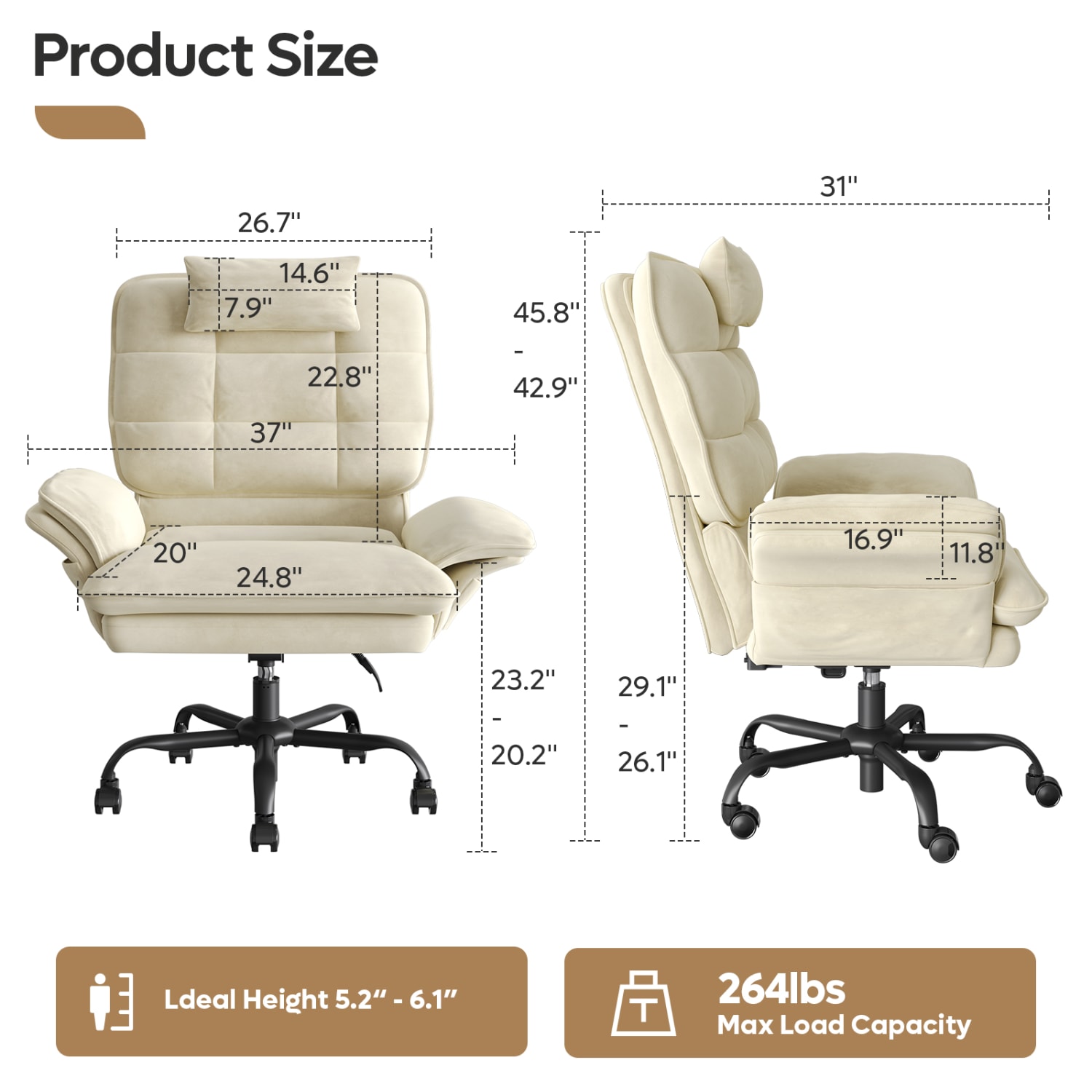 Bestier Ergonomic Velvet High-Back Swivel Executive Task Chair, Beige - Image 5