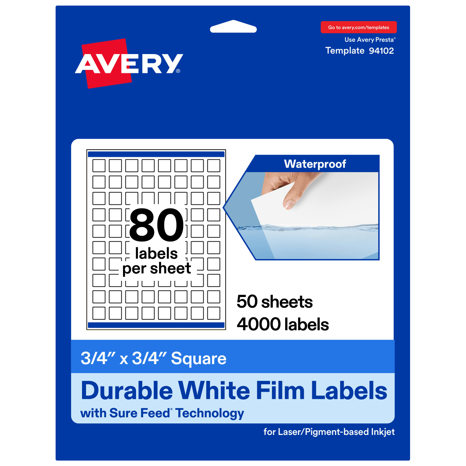 Avery Waterproof Permanent Labels With Sure Feed, 94102-WMF50, Square, 3/4in x 3/4in, White, Pack Of 4,000