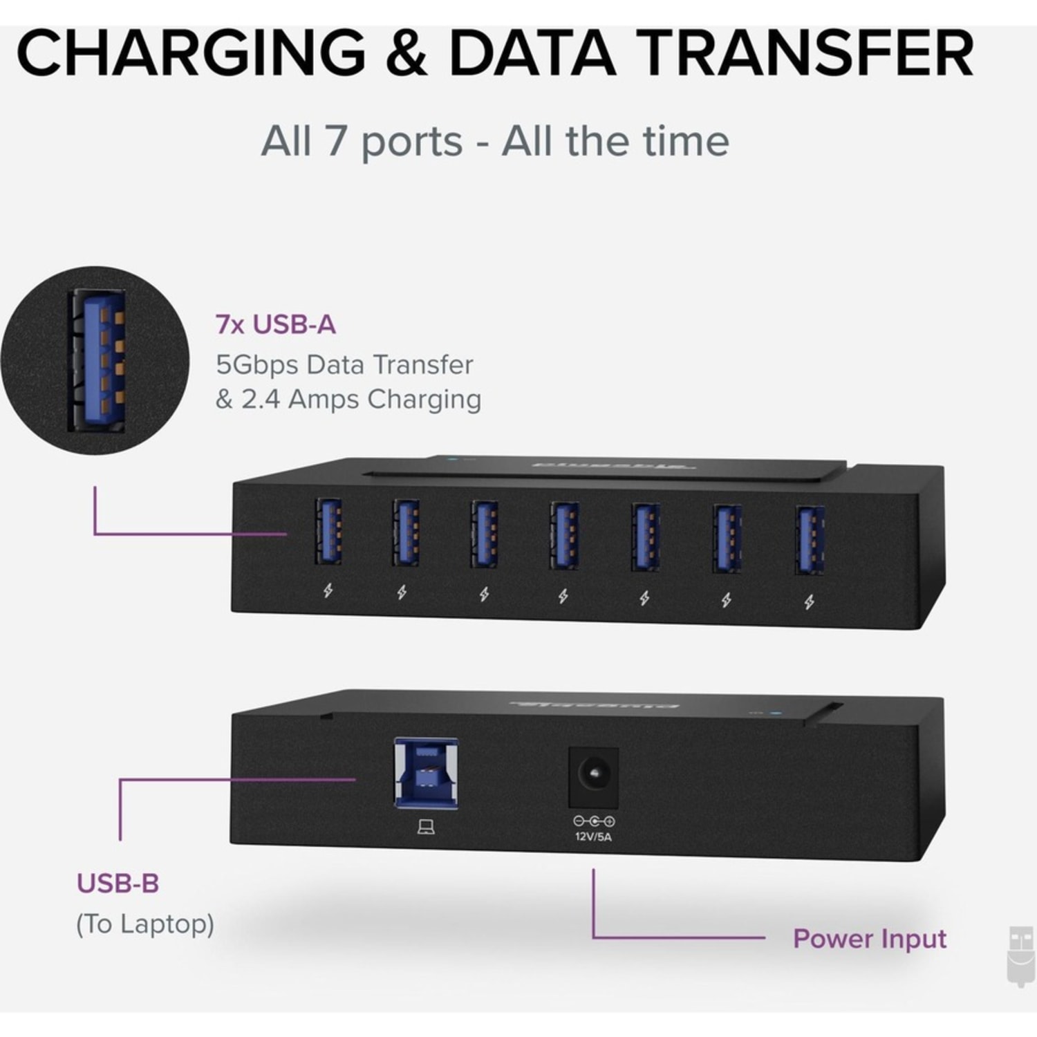 7 Port USB Charging Hub for Laptops with USB-C or USB 3.0 - Plugable USB Charging Station  - USBCHUB7BC - Image 3