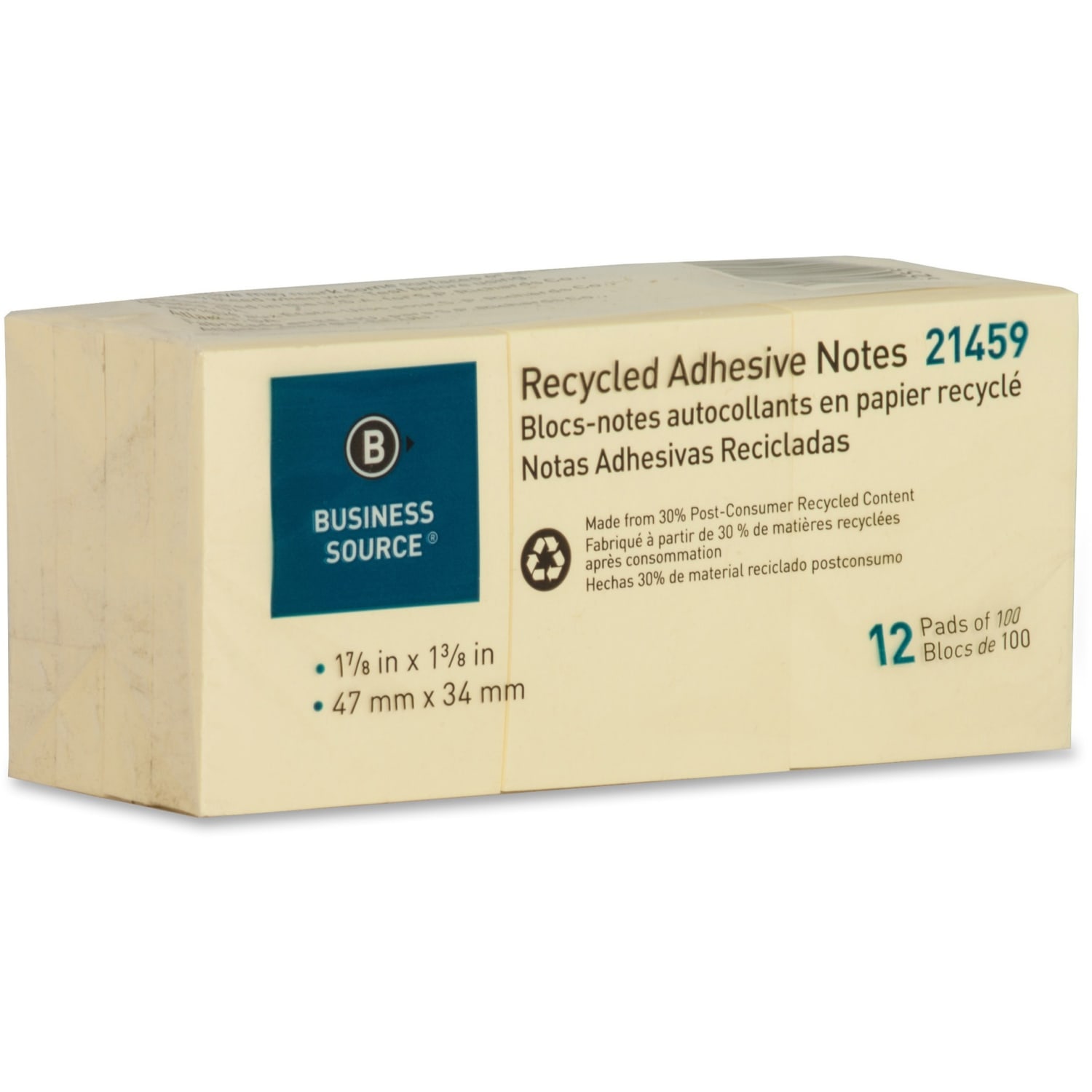 Business Source Yellow Adhesive Notes - 1 7/8in Flag/Note Width x 1 3/8in Flag/Note Length - Rectangle - Unruled - Yellow - Self-adhesive, Removable - Recycled - 12 / Pack - Image 3