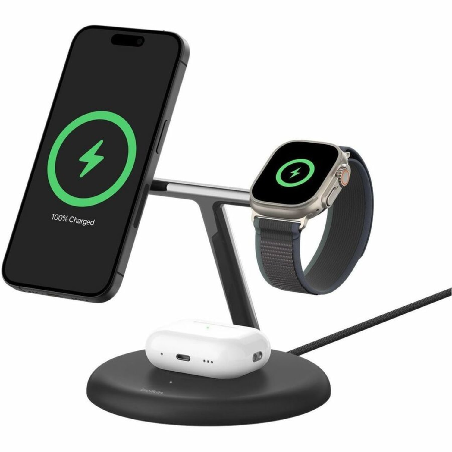 Belkin BoostCharge Pro Cradle - Wireless - iPhone, Apple Watch, AirPods - 3 Slot - Qi2 - Charging Capability - Black - Image 5