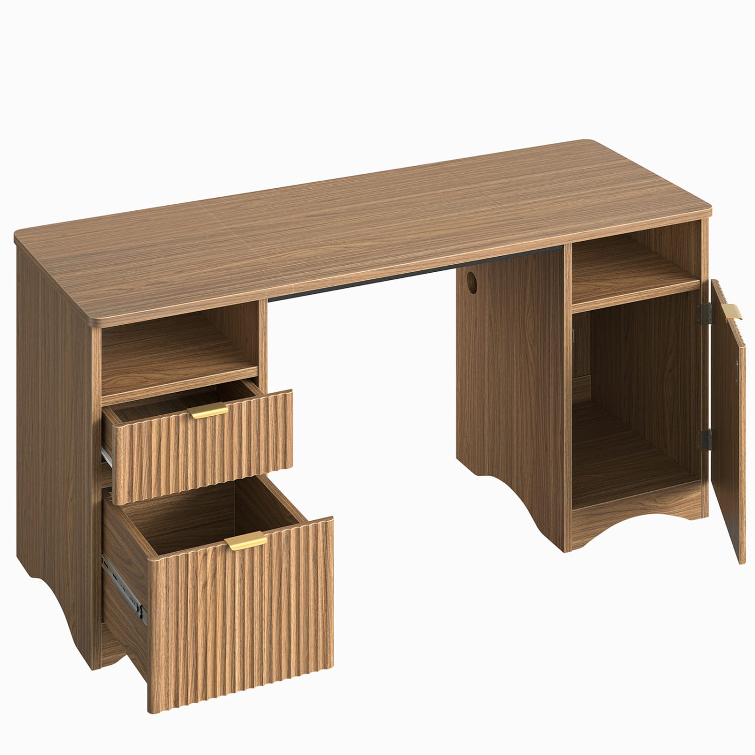 Bestier 60inW Fluted Executive Desk With Drawers/Cabinet, Brown Oak - Image 3