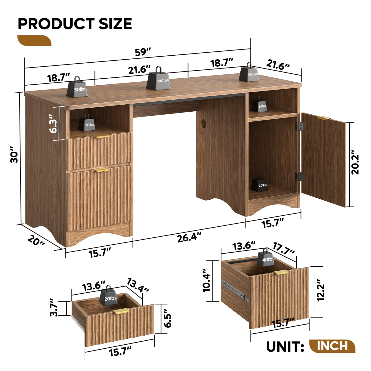 Bestier 60inW Fluted Executive Desk With Drawers/Cabinet, Brown Oak - Image 4