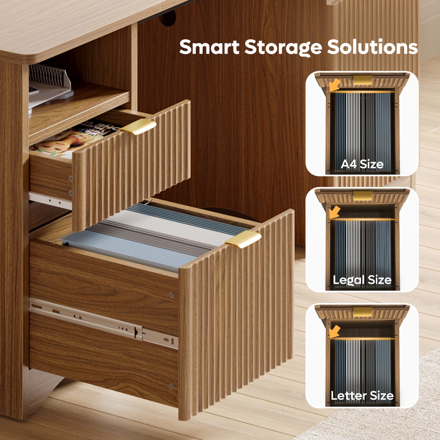 Bestier 60inW Fluted Executive Desk With Drawers/Cabinet, Brown Oak - Image 5